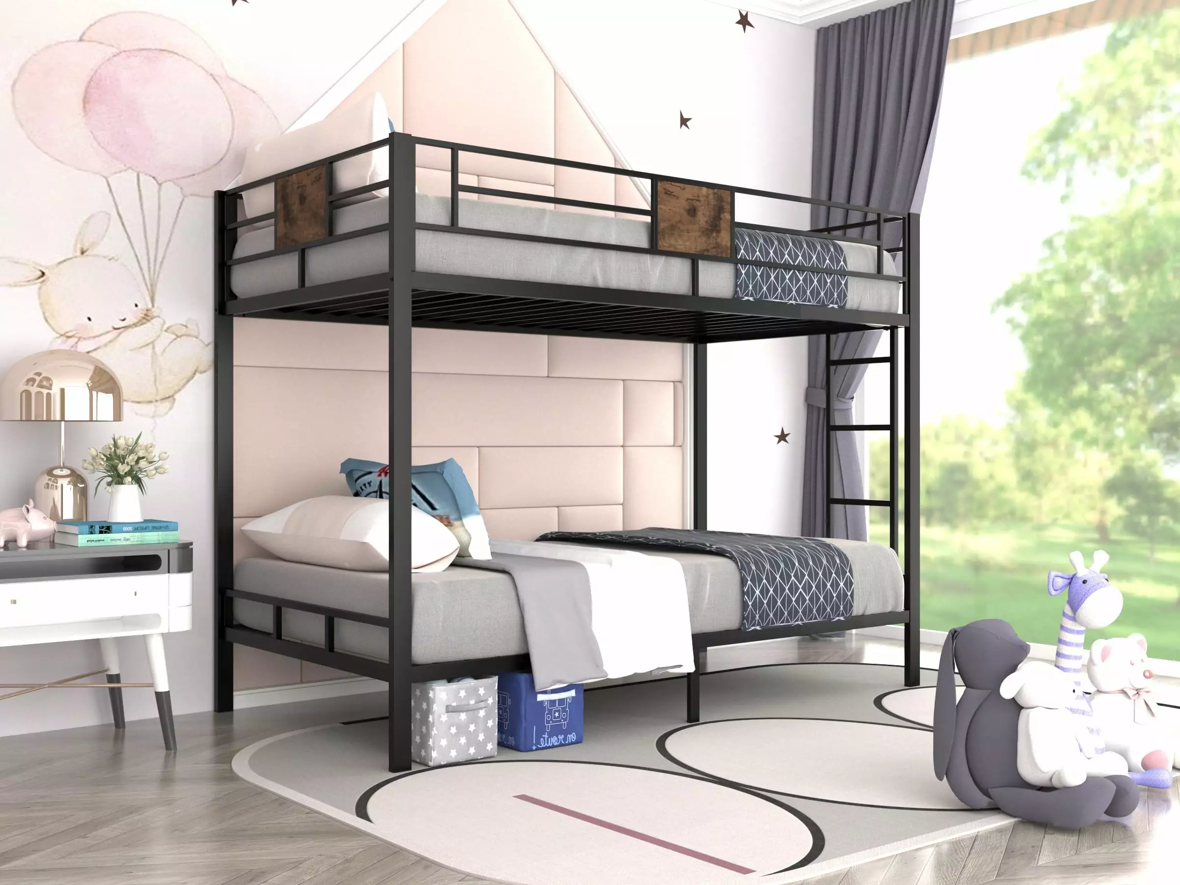 Allewie Metal Twin Size Bunk Beds Frame Stairs and Full-Length Guardrail Space-Saving Black