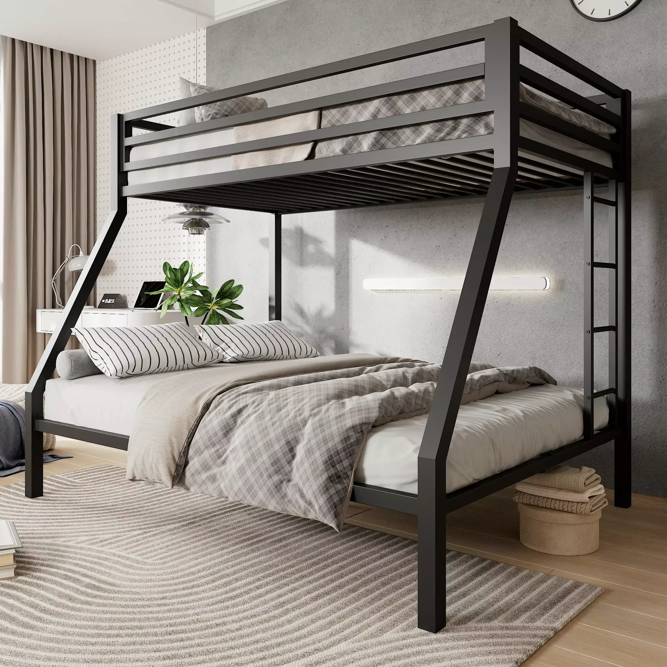 Amolife Twin Over Full Metal Bunk Bed Removable Stairs Full-Length Guardrail Black Sturdy Kids Bunk Bed