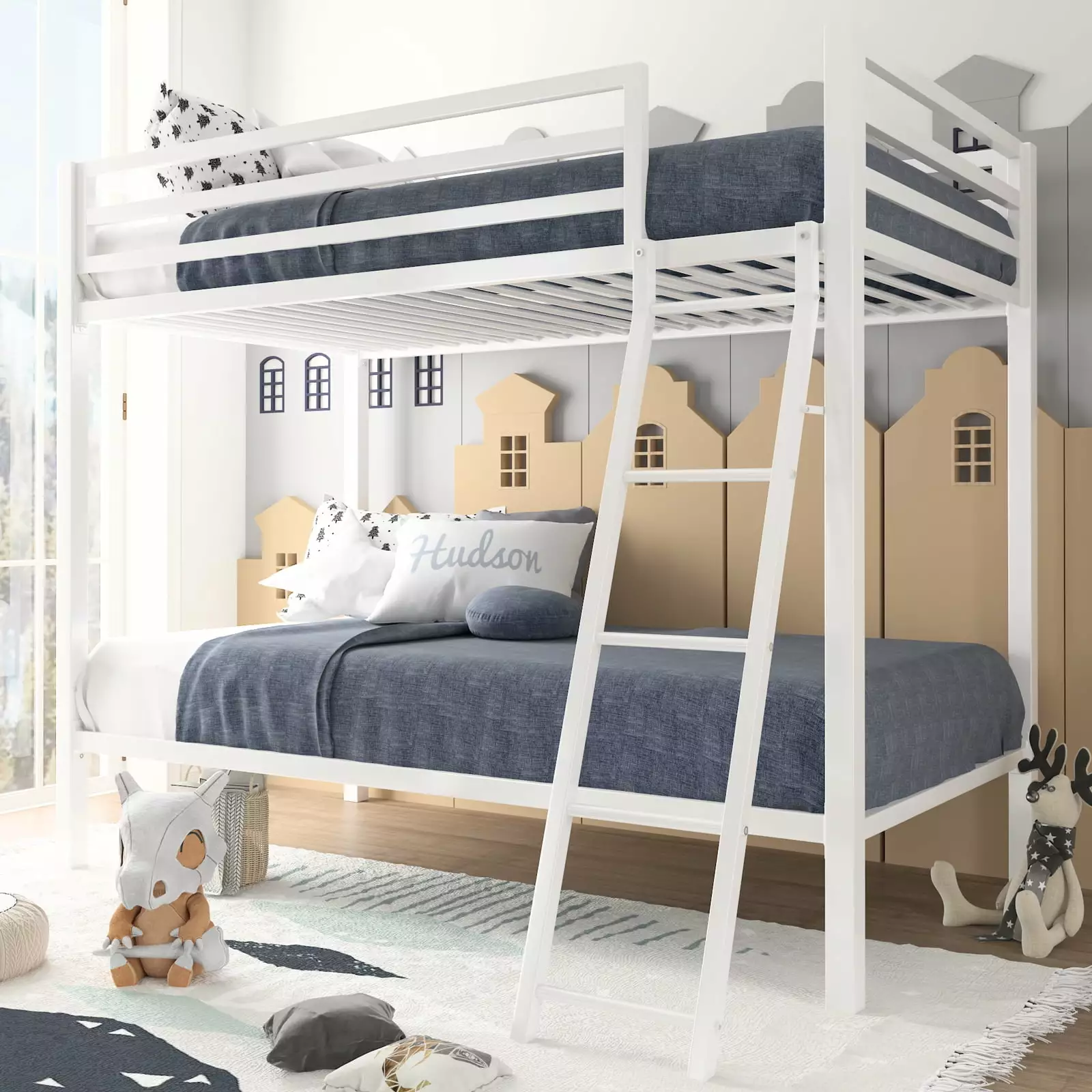 Amolife Twin-Over-Twin Bunk Beds Heavy Duty Metal Frame and Ladder Pure White