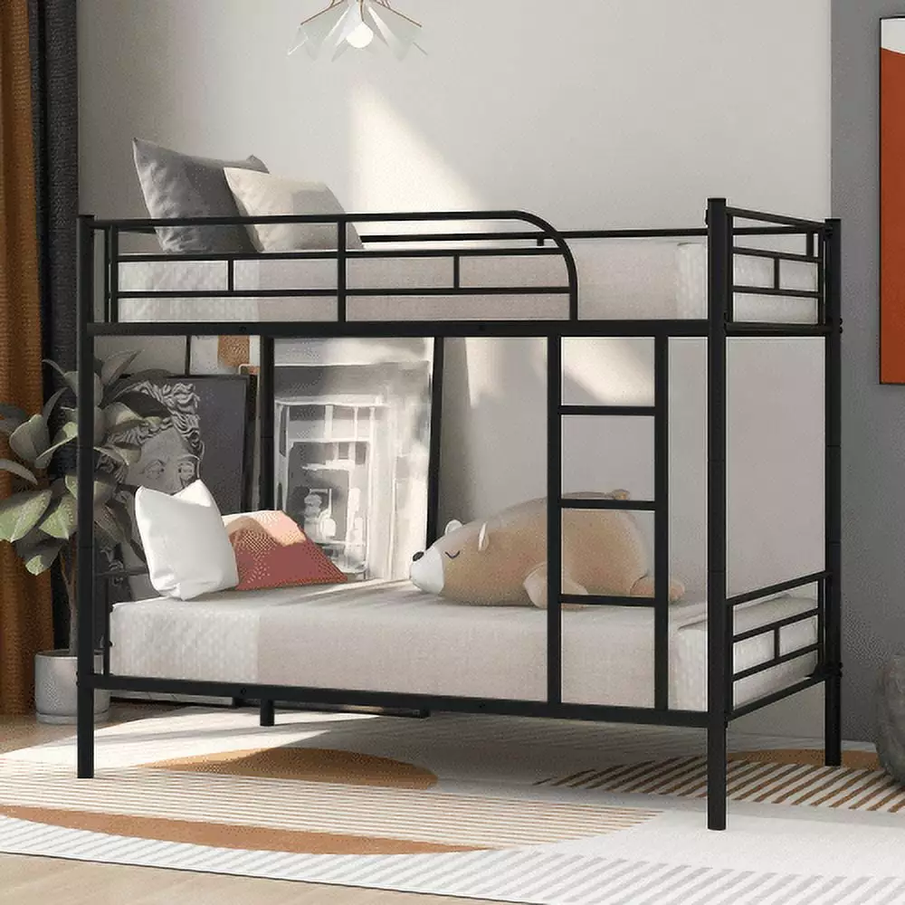 Detachable Twin Over Twin Heavy Duty Metal Floor Bunk Bed Ladder Guardrails Kids Teens No Box Spring Black ARCTICSCORPION