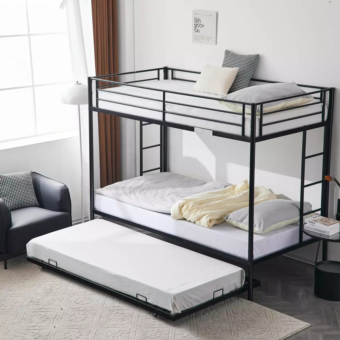 Twin over Twin Bunk Bed Trundle 3--1 Triple Bunk Bed 2 Side Ladders Metal Bunk Bed Frame Protectty Guardrails and Slats Su...