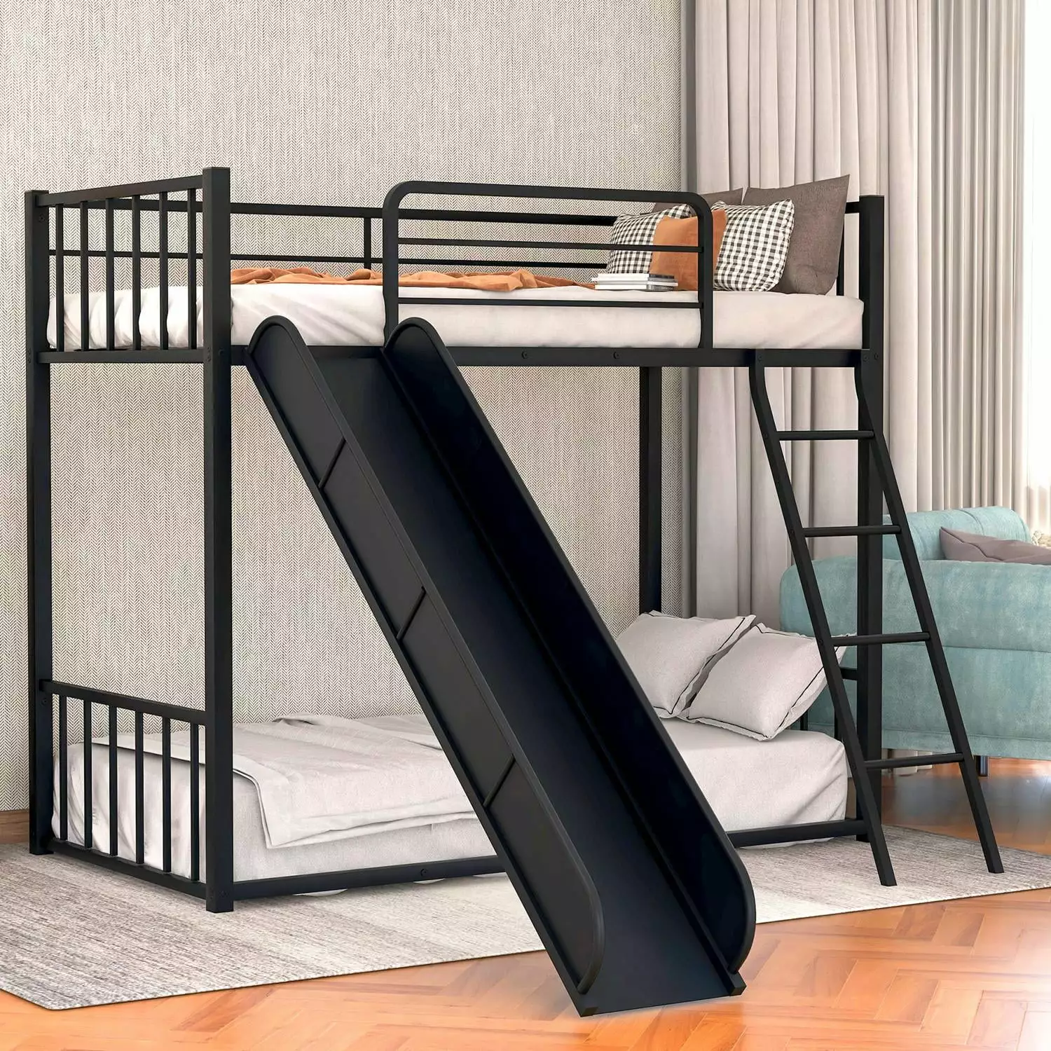 Twin Over Twin Metal Bunk Bed Ladder and Slide Heavy Duty Bed Frame Kids Teens Adults Black ARCTICSCORPION