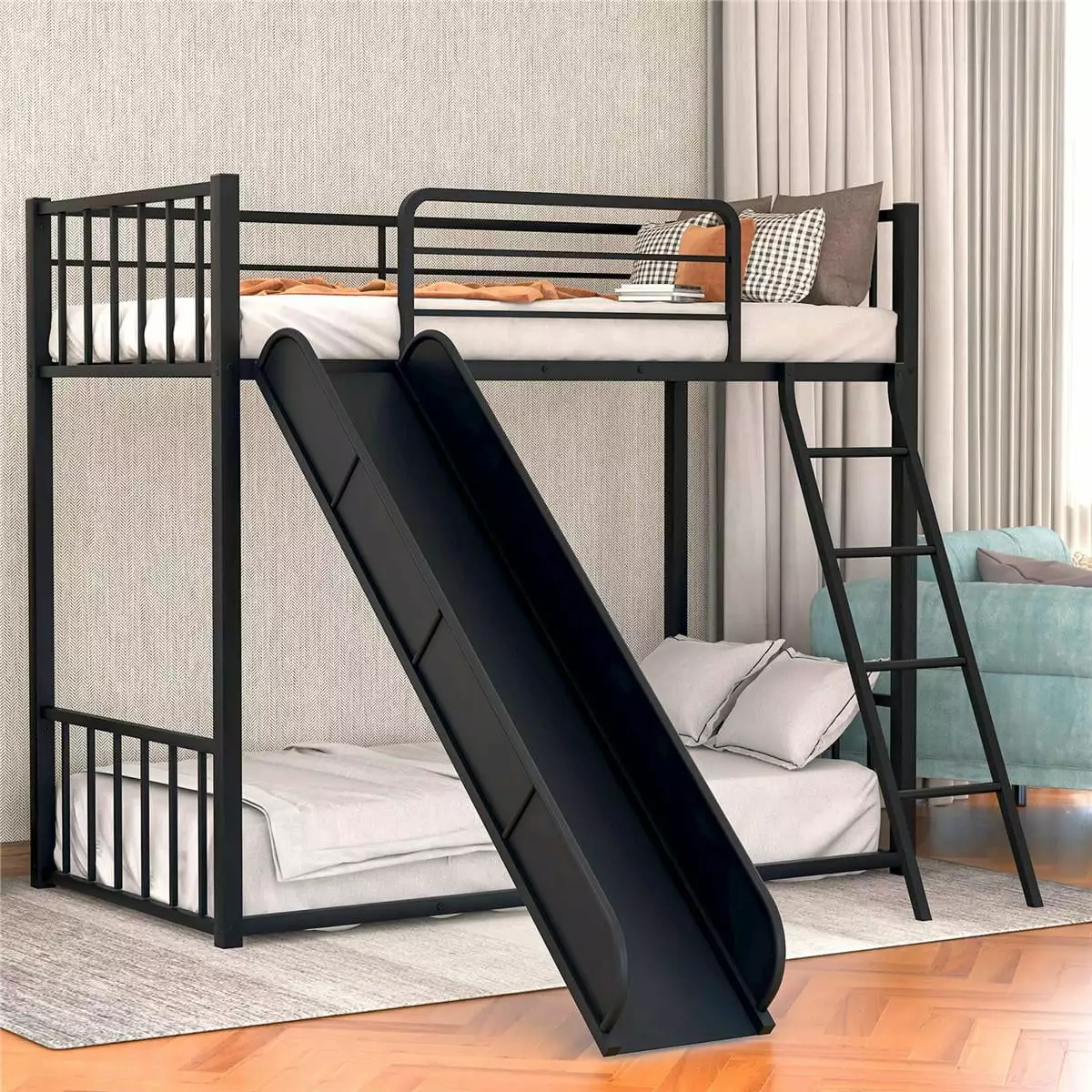 Twin over Twin Metal Bunk Bed Slide Heavy Duty Bunk Bed Frame Enhanced Guardrail Black ARCTICSCORPION