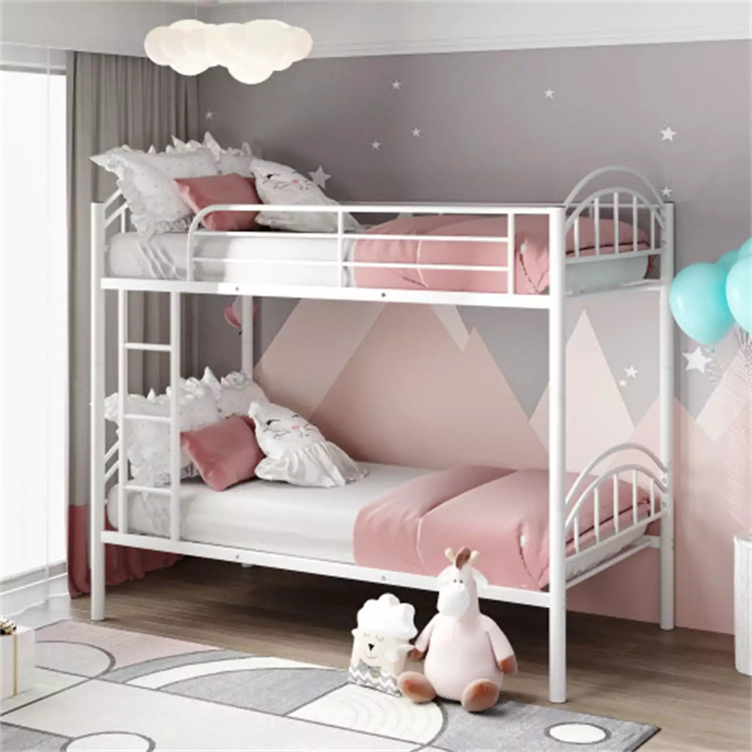 Twin Over Twin Metal Bunk Bed Full-Length Guardrail and Ladder White ARCTICSCORPION