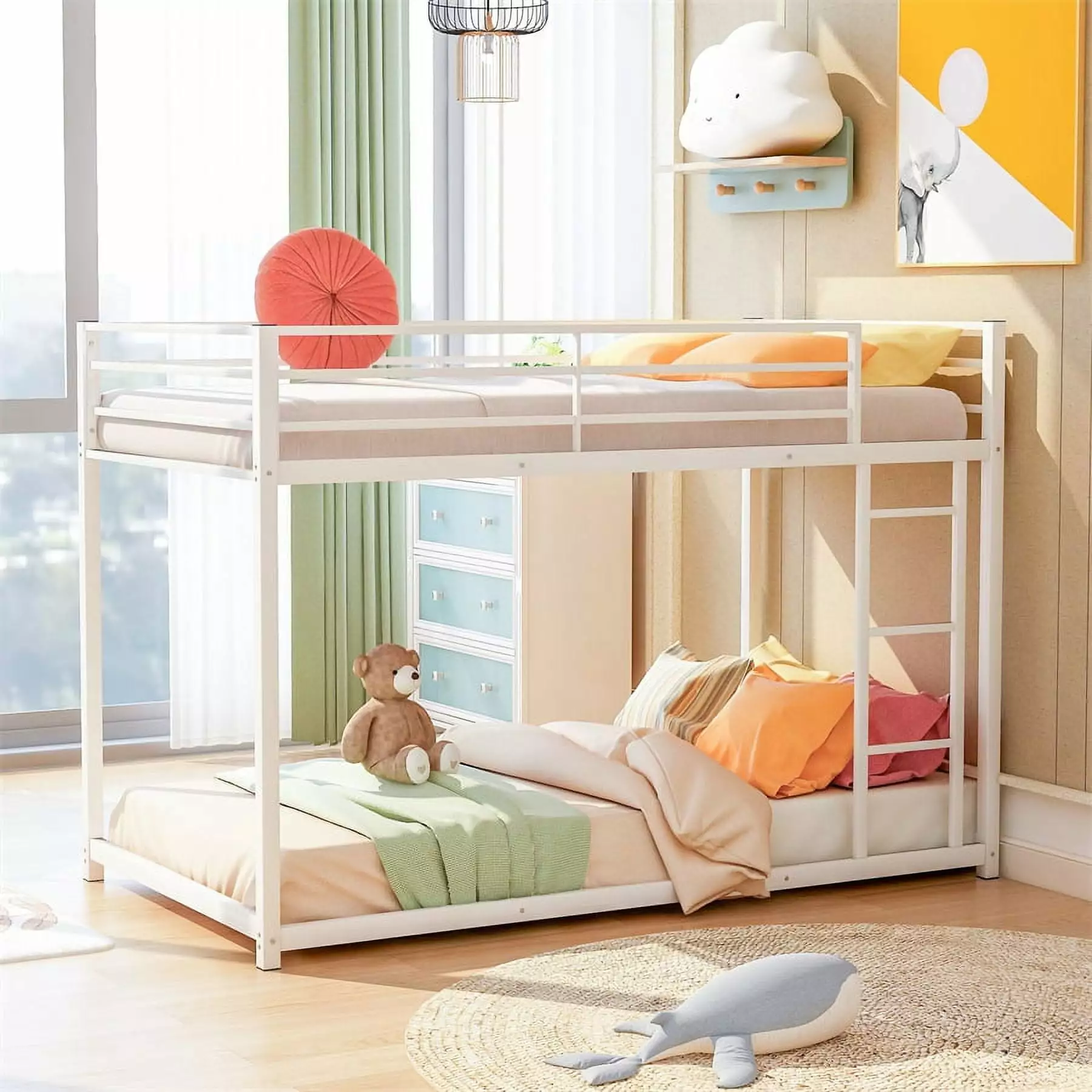 Twin Over Twin Metal Low Bunk Bed Guardrails and Ladder Kids Teens Adults White ARCTICSCORPION