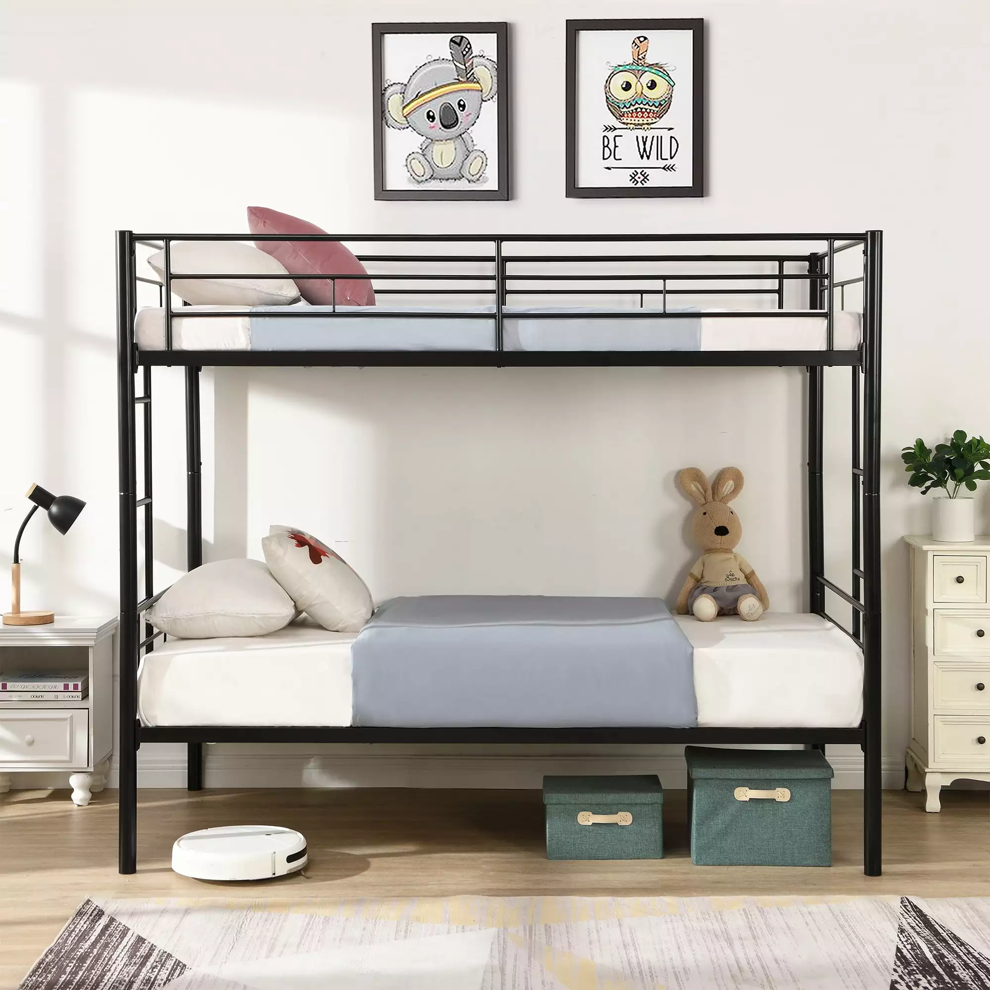 Aukfa Metal Bunk Bed Twin over Twin Able to Split Two Beds Kids Teens Dorm Black Sturdy Bunk Bed