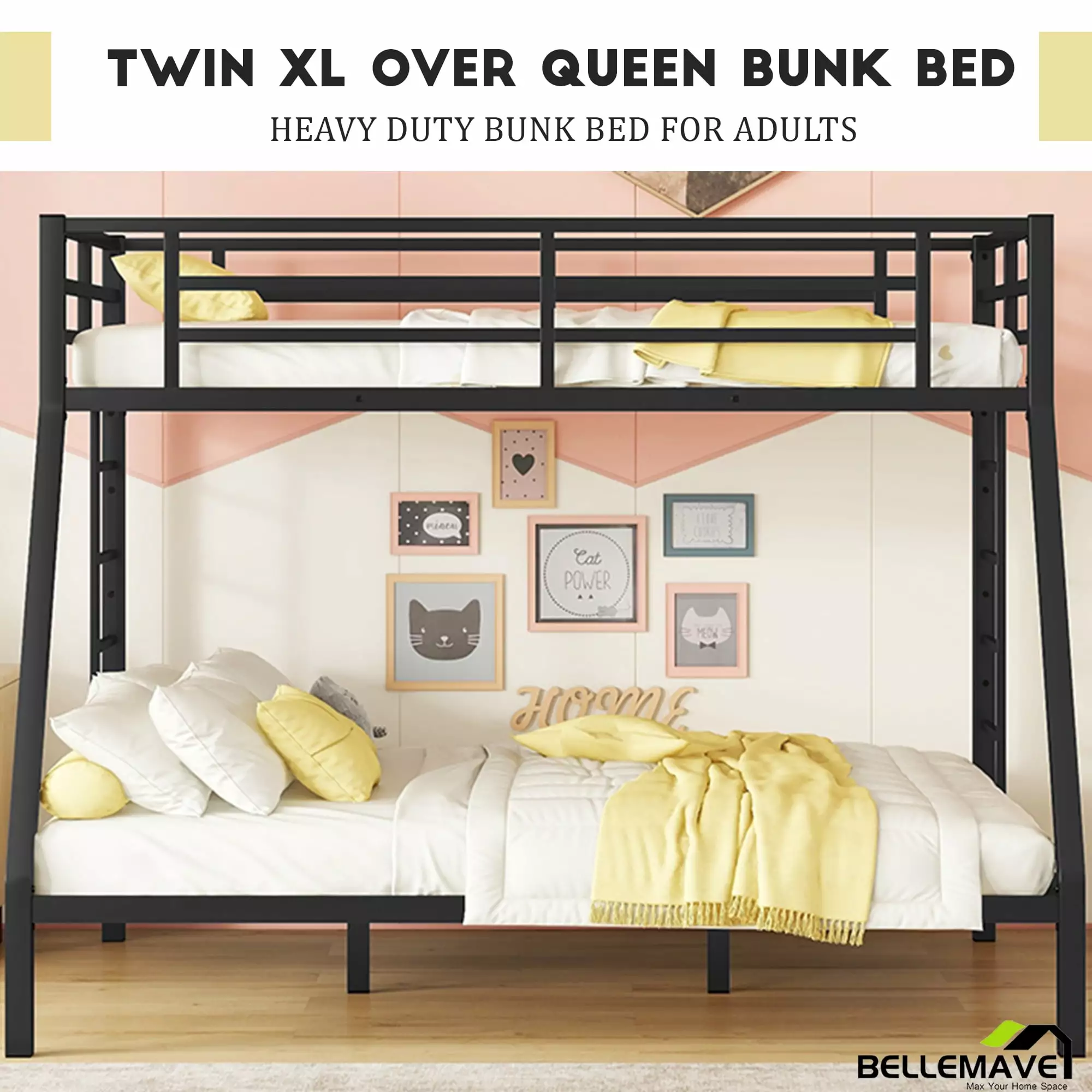 Bellemave Metal Bunk Bed Twin XL over Queen Heavy Duty Bunk Bed Frame 2 Ladders Kids Teens Adults Black