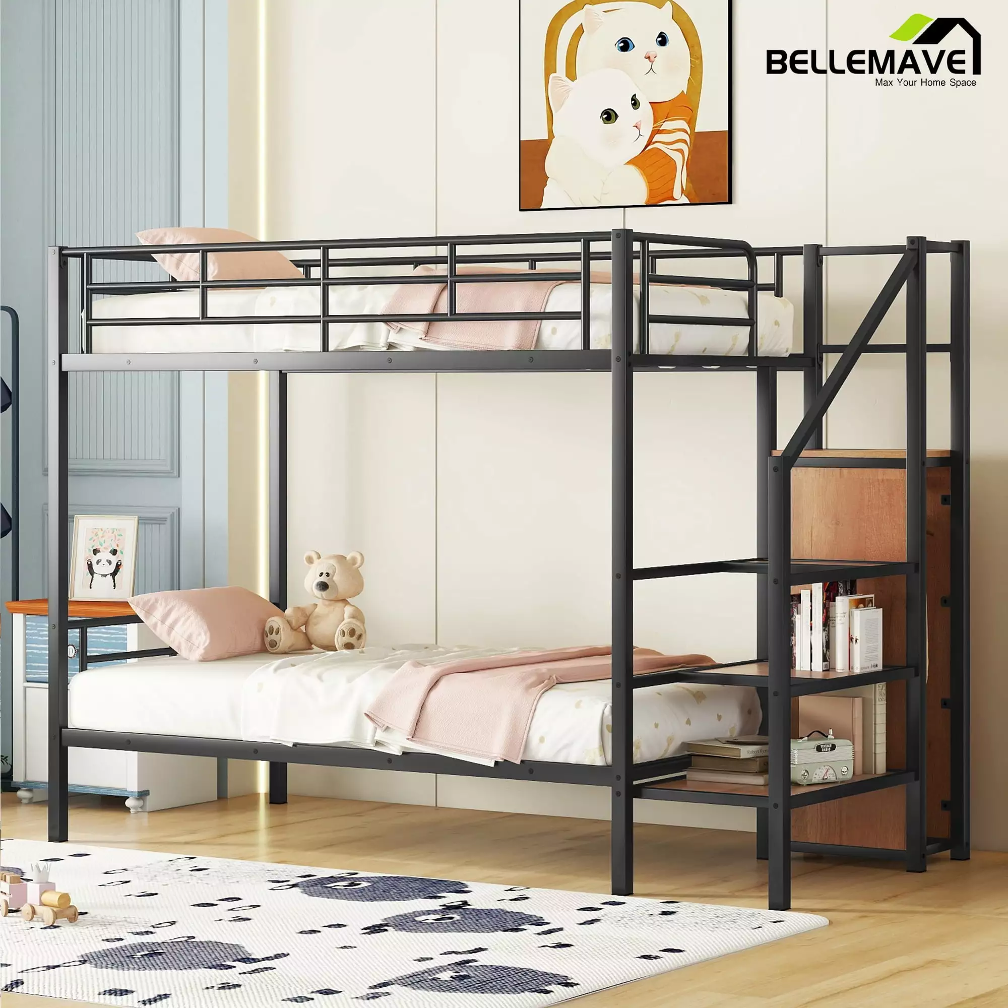 Bellemave Twin Over Twin Bunk Bed Storage Staircase and Wardrobe Metal Twin Size Bunk Bed Frame Black