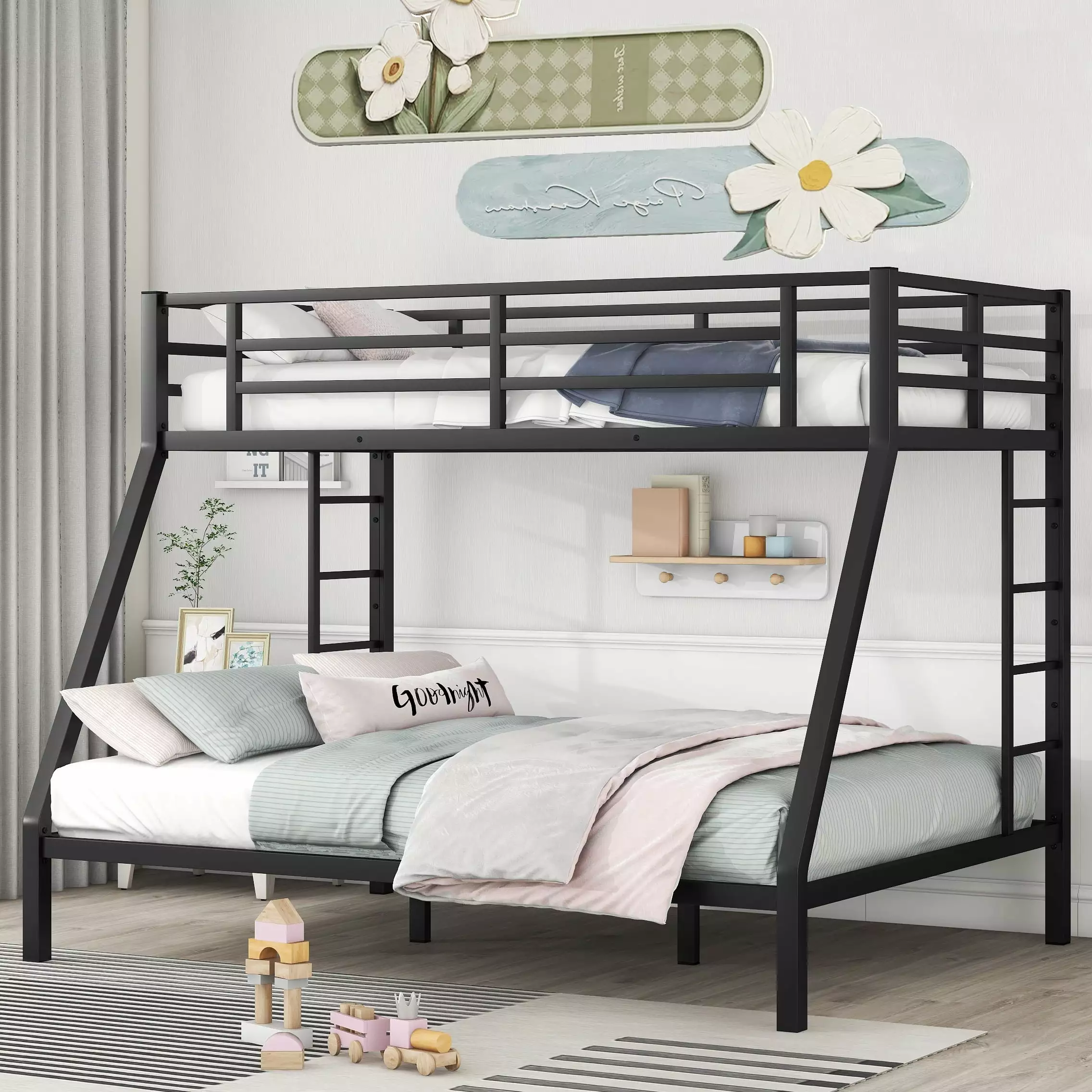 Twin XL Over Queen Bunk Bed Frame - Heavy Duty Metal Bunk Beds 2 Side Ladders - Industrial Style Bunk Bed Kids and Adults ...