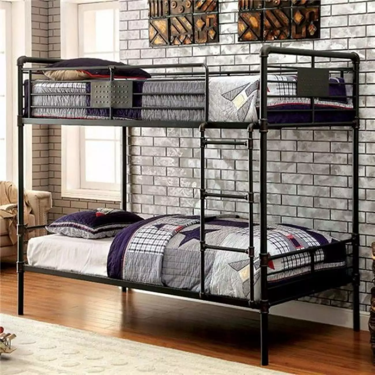 Benzara Industrial Design Twin Size Metal Bunk Bed Black - Sturdy and Space-Saving