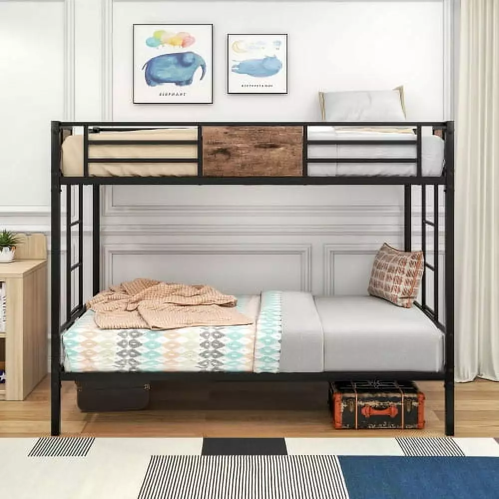 Metal Bunk Bed Twin Over Twin 2-Side Ladder and Full-Length Guardrail - Space-Saving Noise Free Design - Black & Vintage B...