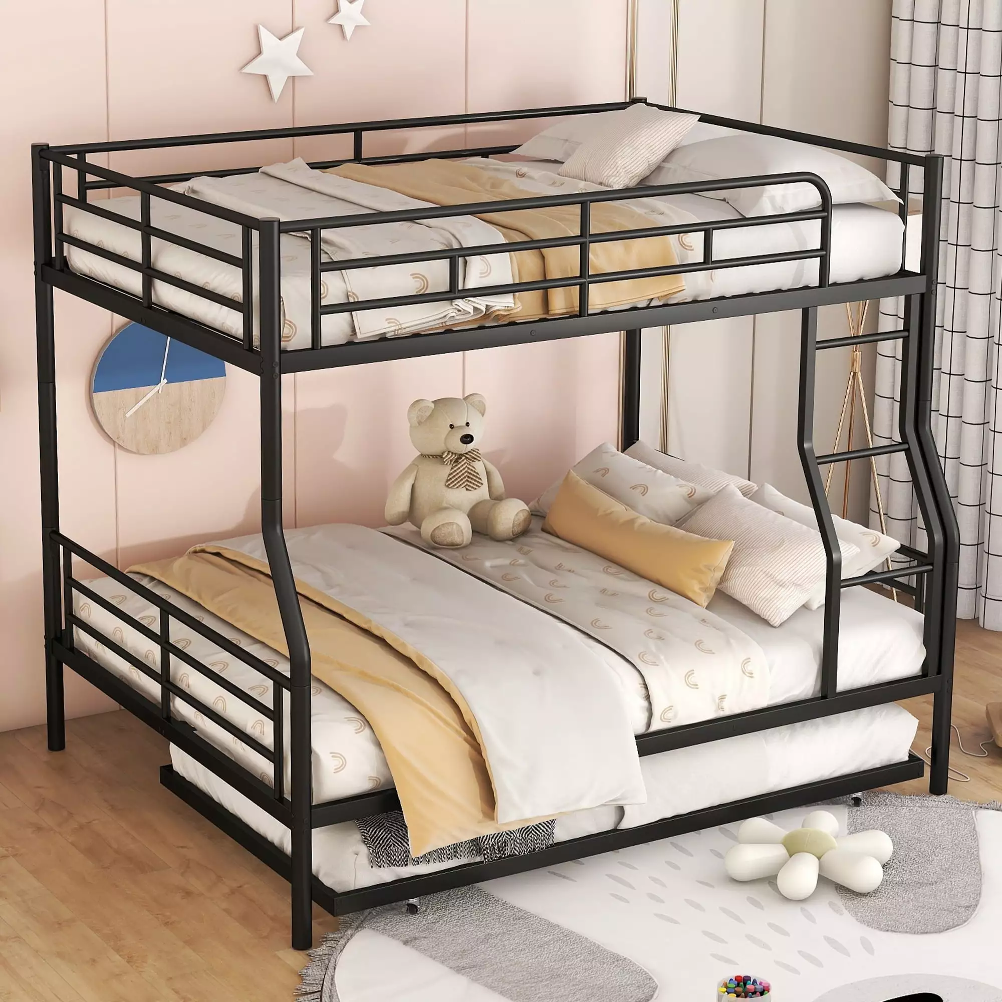 BTMWAY Full XL Over Queen Metal Bunk Bed Trundle Convertible Frame Dorm Bedroom Super Large Size Black