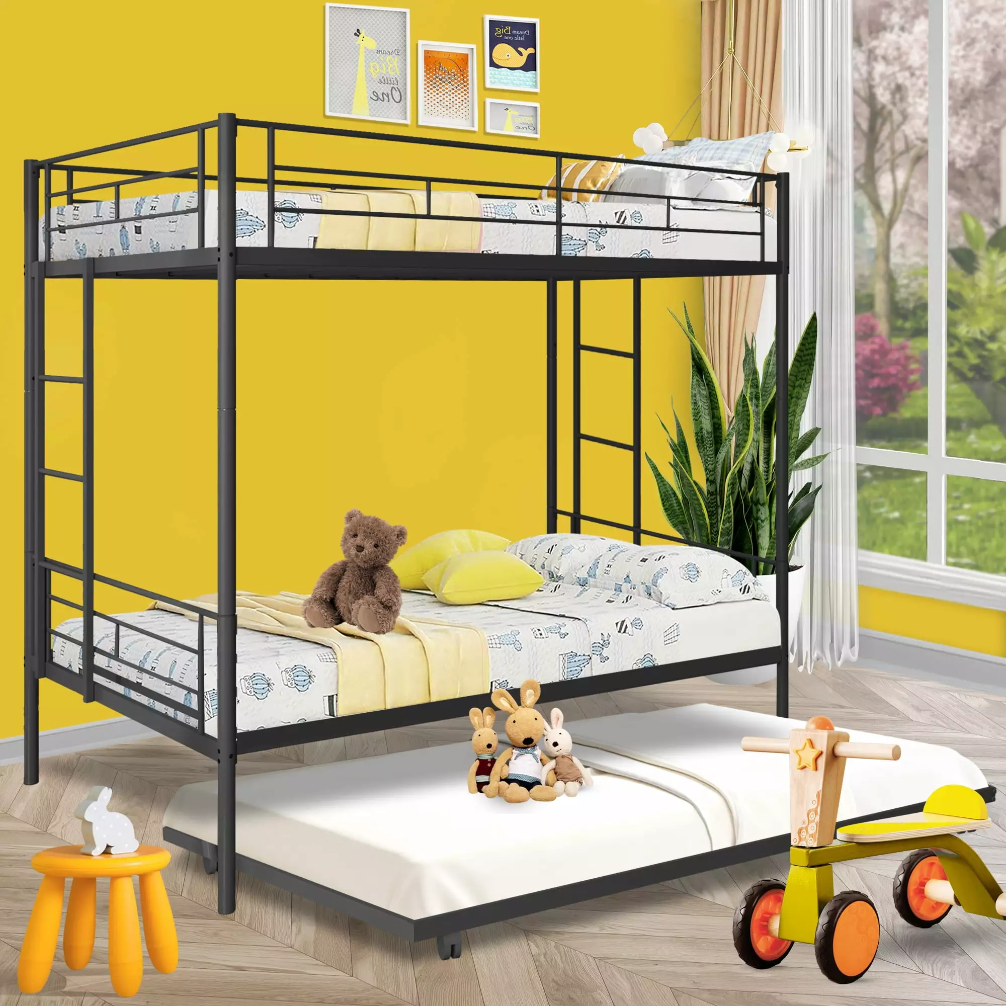 CASEMIOL Twin over Twin Metal Bunk Bed Trundle Bunk Bed Frame 2 Ladders and Full-guardrail Can Be Divided Into 3 Twin Beds...