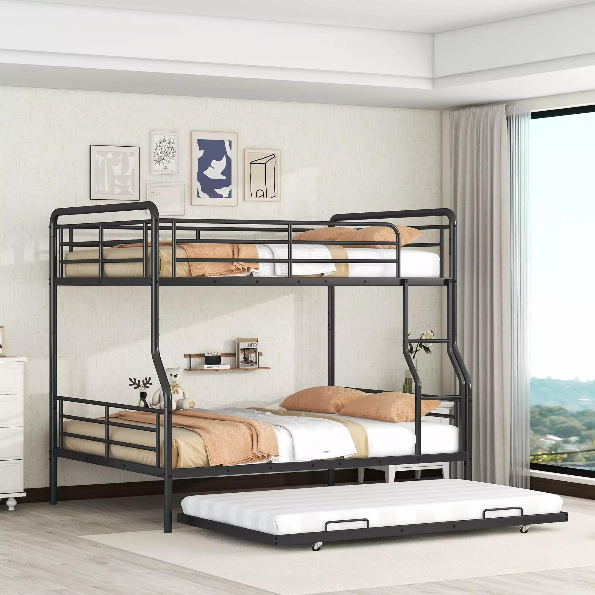 Churanty Full XL Over Queen Metal Bunk Bed Trundle Convertible into 2 Separate Beds