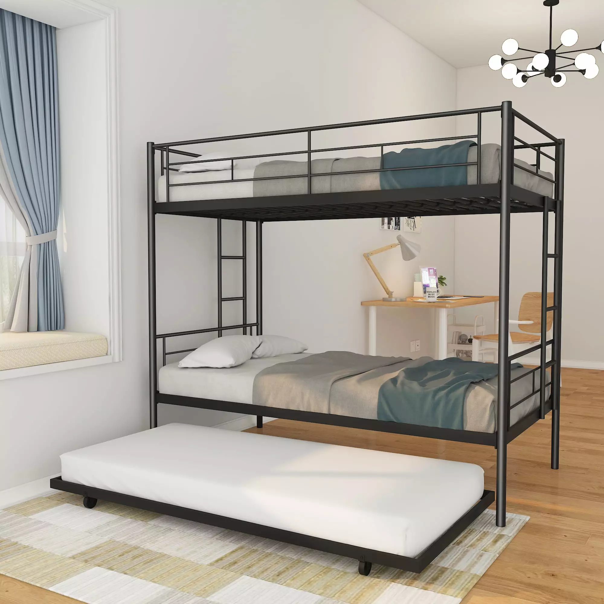 CITYLE Twin Over Twin Bunk Bed Trundle Convertible into 3 Beds Black