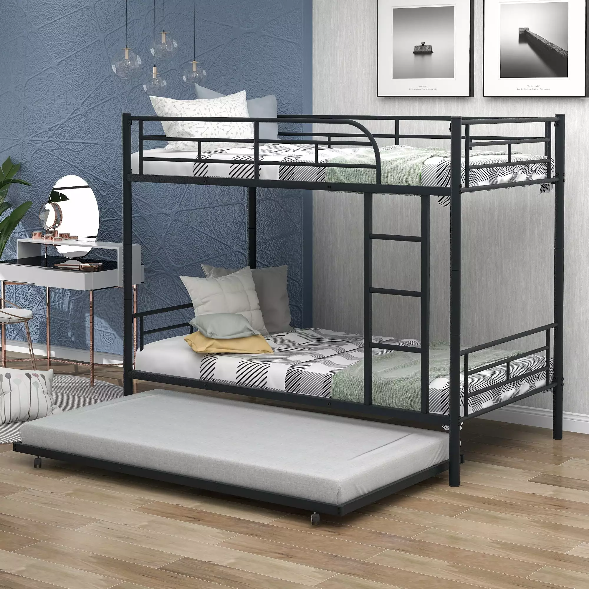 CITYLE Twin over Twin Bunk Bed Trundle - Convertible Metal Triple Bunk Bed Kids Teens Adults - Full Length Guardrail and B...