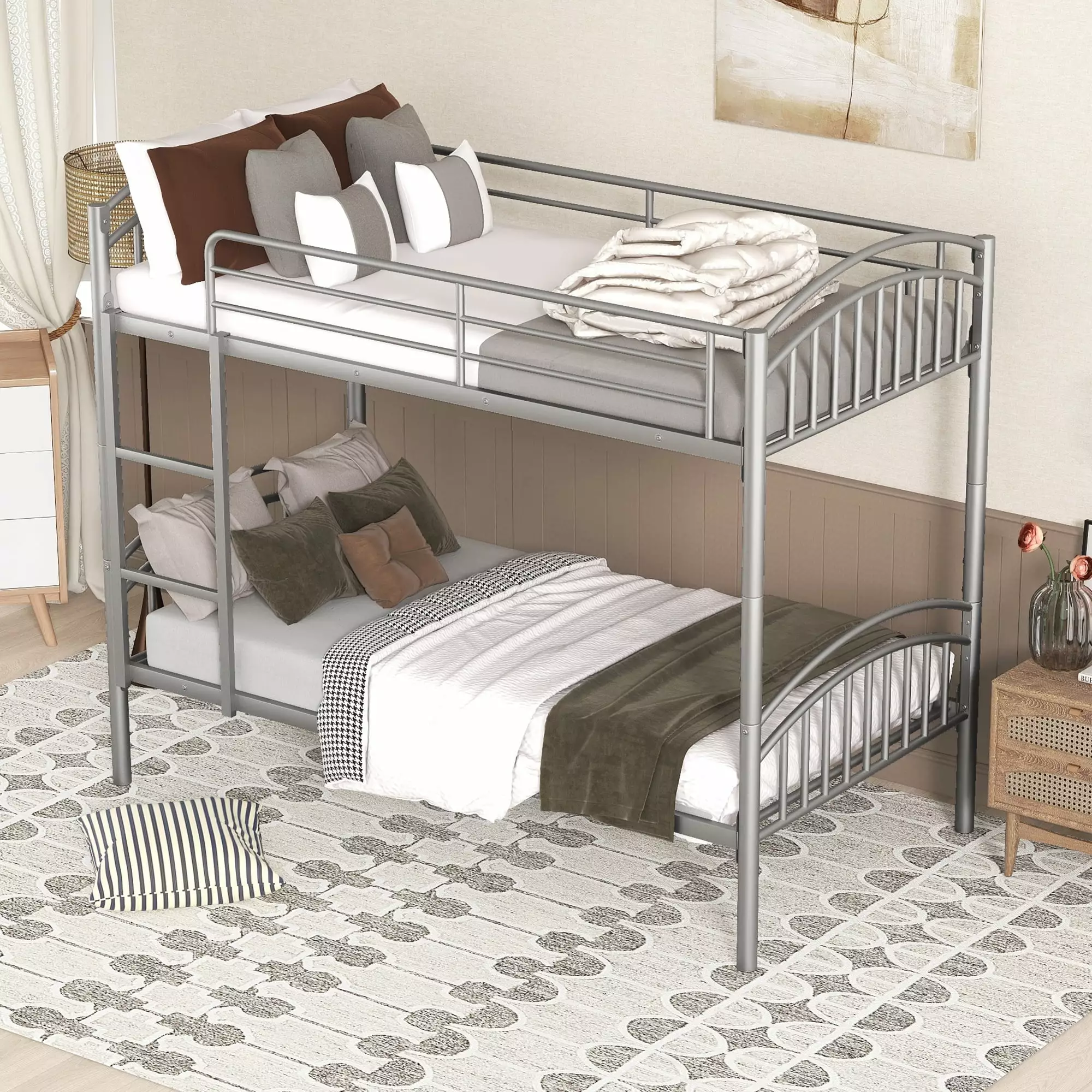 CITYLE Twin Over Twin Metal Bunk Bed Convertible to 2 Beds Noise Free Frame Kids Teens Adults Silver