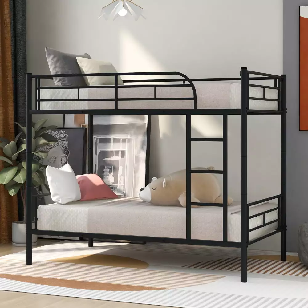 Twin Over Twin Metal Bunk Bed Ladder and High Guardrail Black Kids Teens Adults Clipeyh