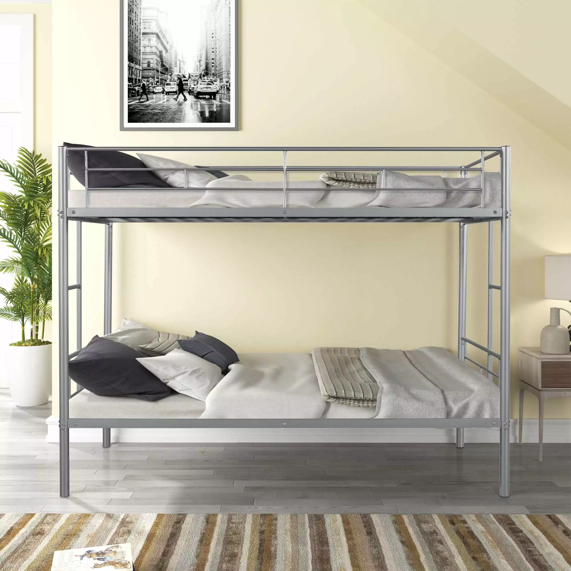 DEALTOPS Twin Size Metal Bunk Bed 2 Ladders Heavy Duty Bunk Bed Kids Teens Noise Free Silver