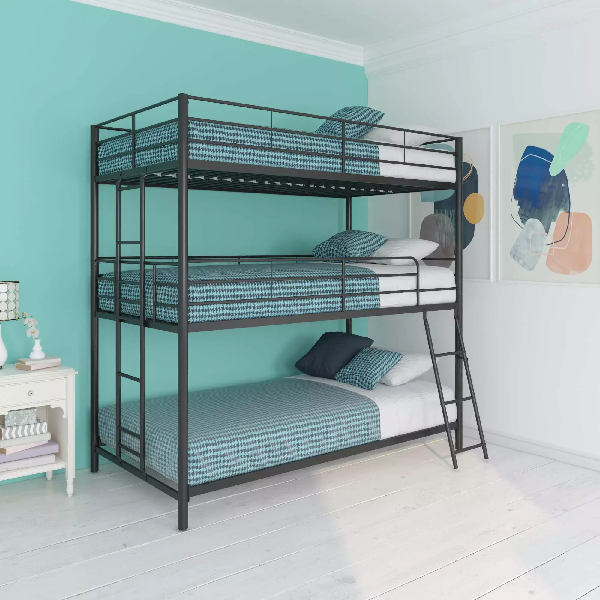DHP Everleigh Triple Twin Metal Bunk Bed Black Space Saving Kids Bedroom Furniture