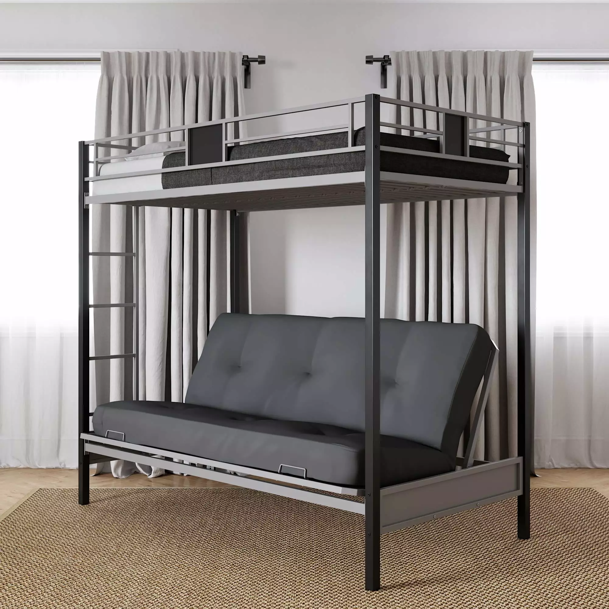DHP Silver Screen Twin over Futon Metal Bunk Bed Silver and Black