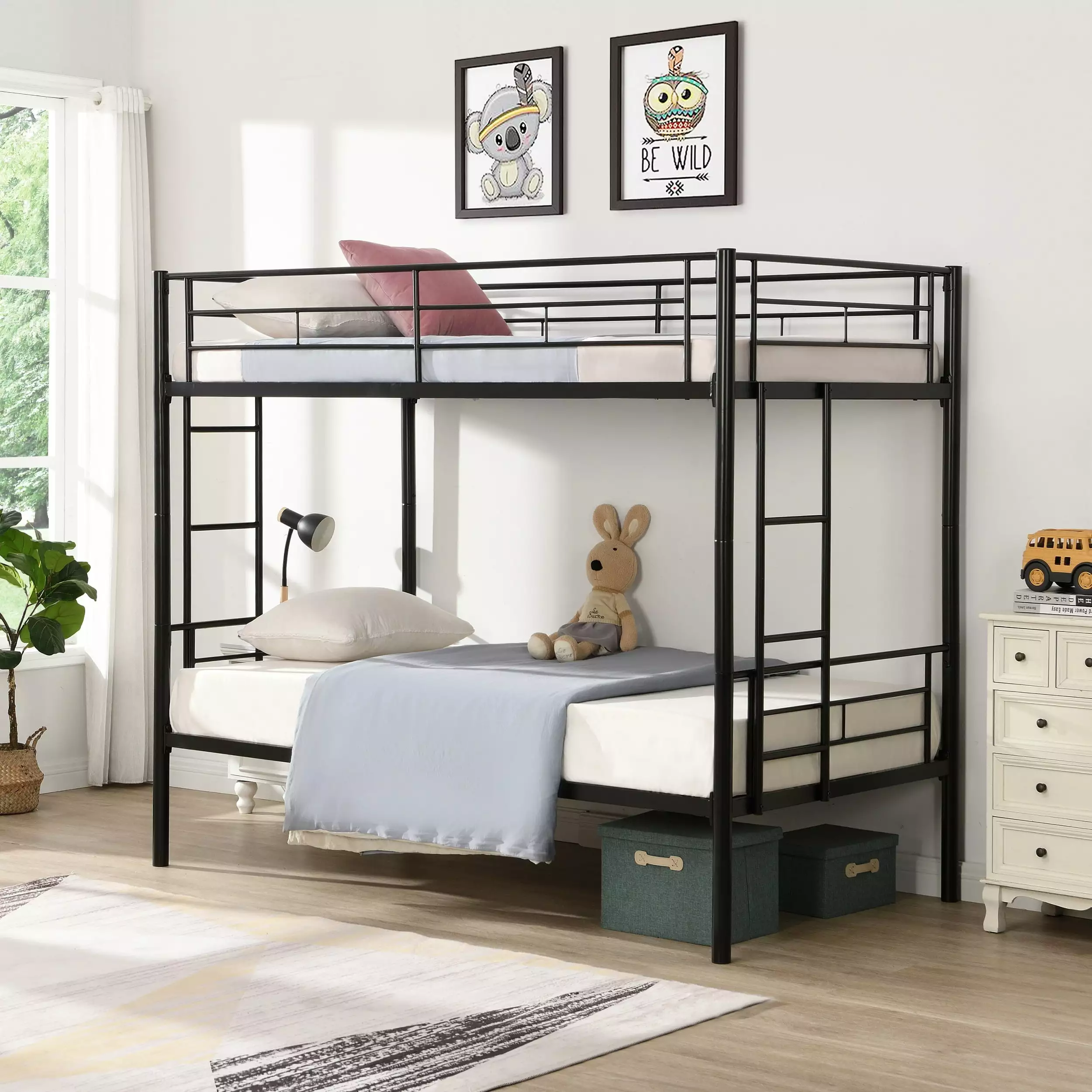 DreamBuck Twin Over Twin Metal Bunk Bed - Convertible Bunkbed Guardrails and 2 Ladders - Space Saving Design - No Box Spri...