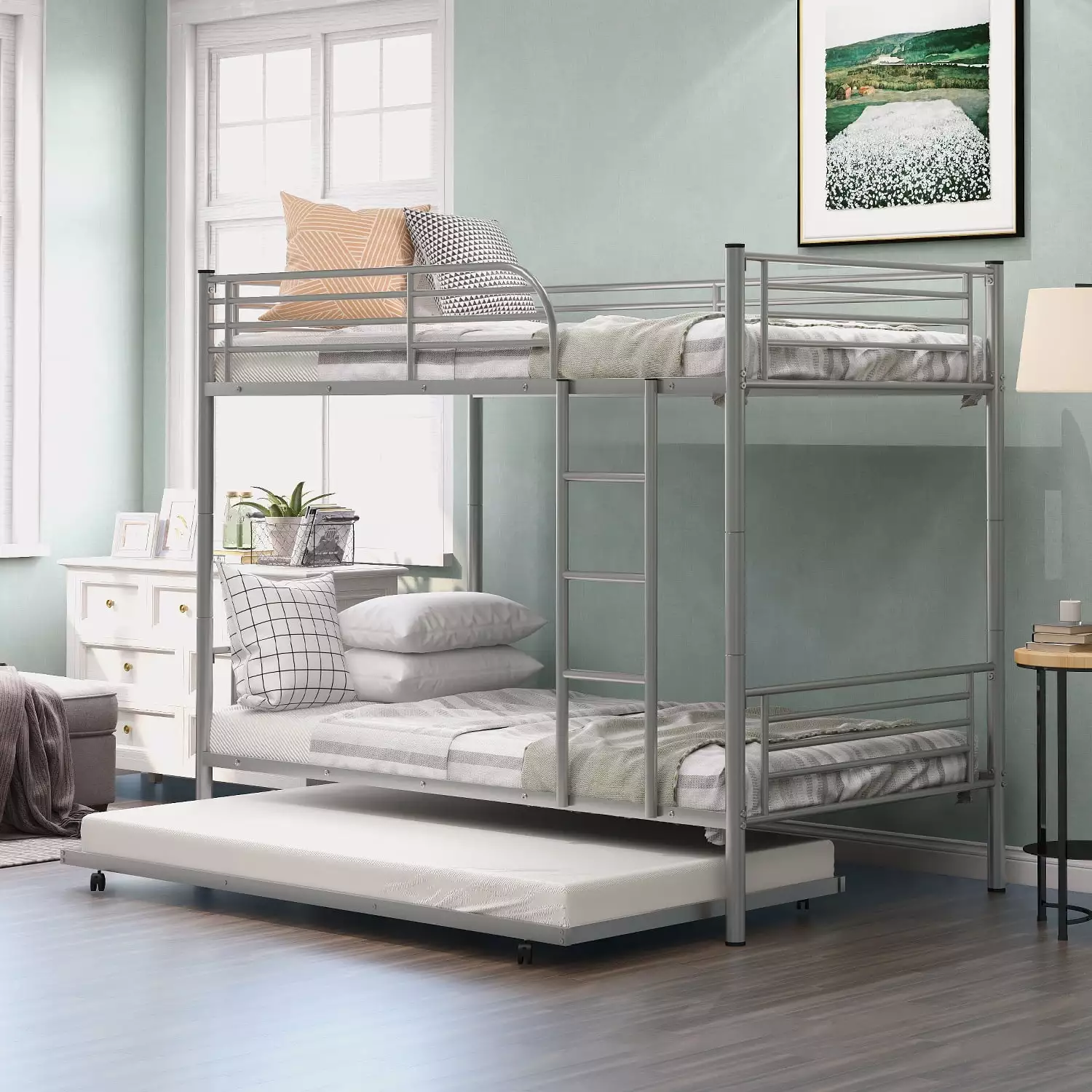 Twin Over Twin Bunk Bed Trundle Metal Twin Bed Guard Rail Space Saving Bunk Bed Kids Teens Adults Easy Assembly K98 Enyopro