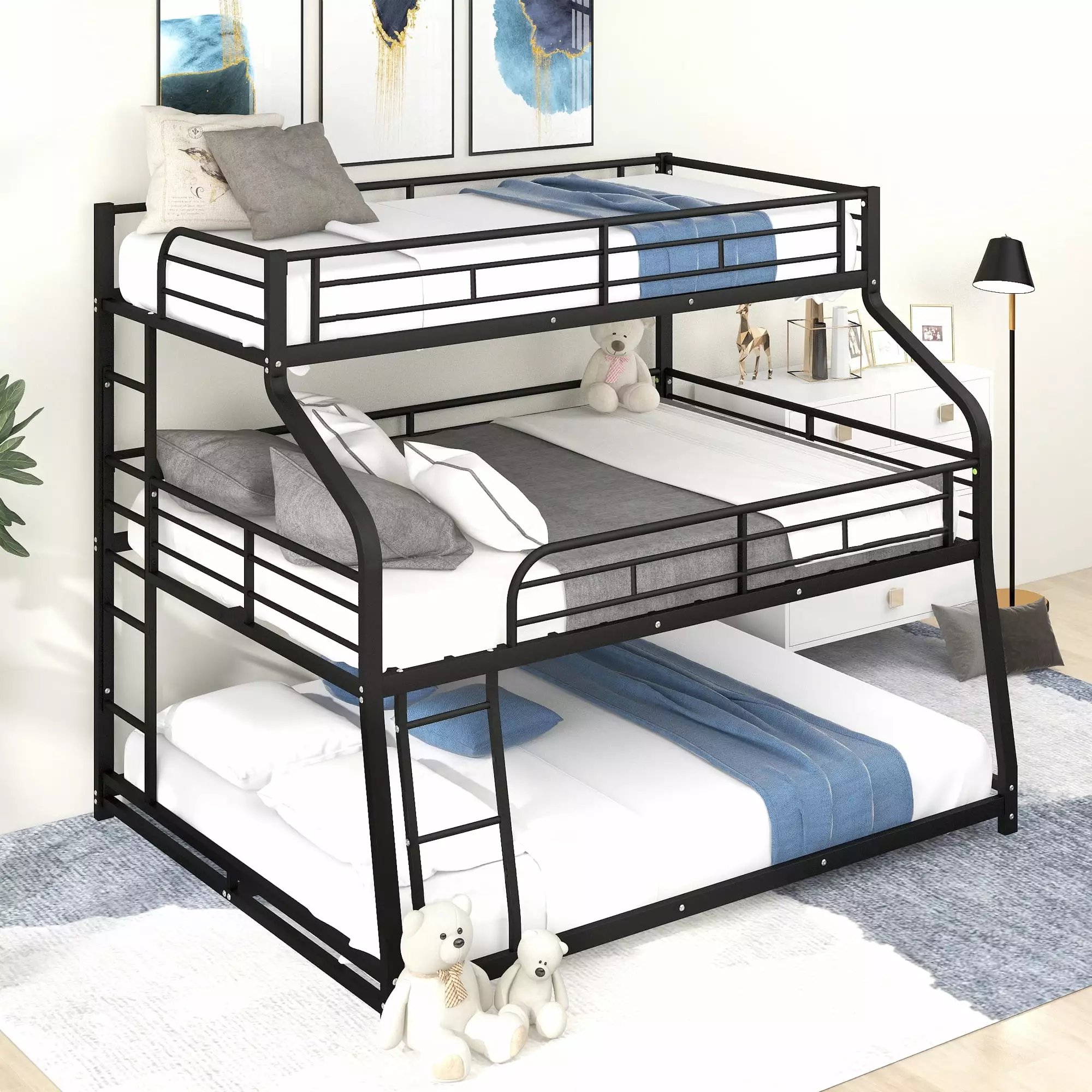 EUROCO Metal Triple Bunk Bed Twin XL over Full XL over Queen Ladder Black Heavy Duty Space Saving Bed