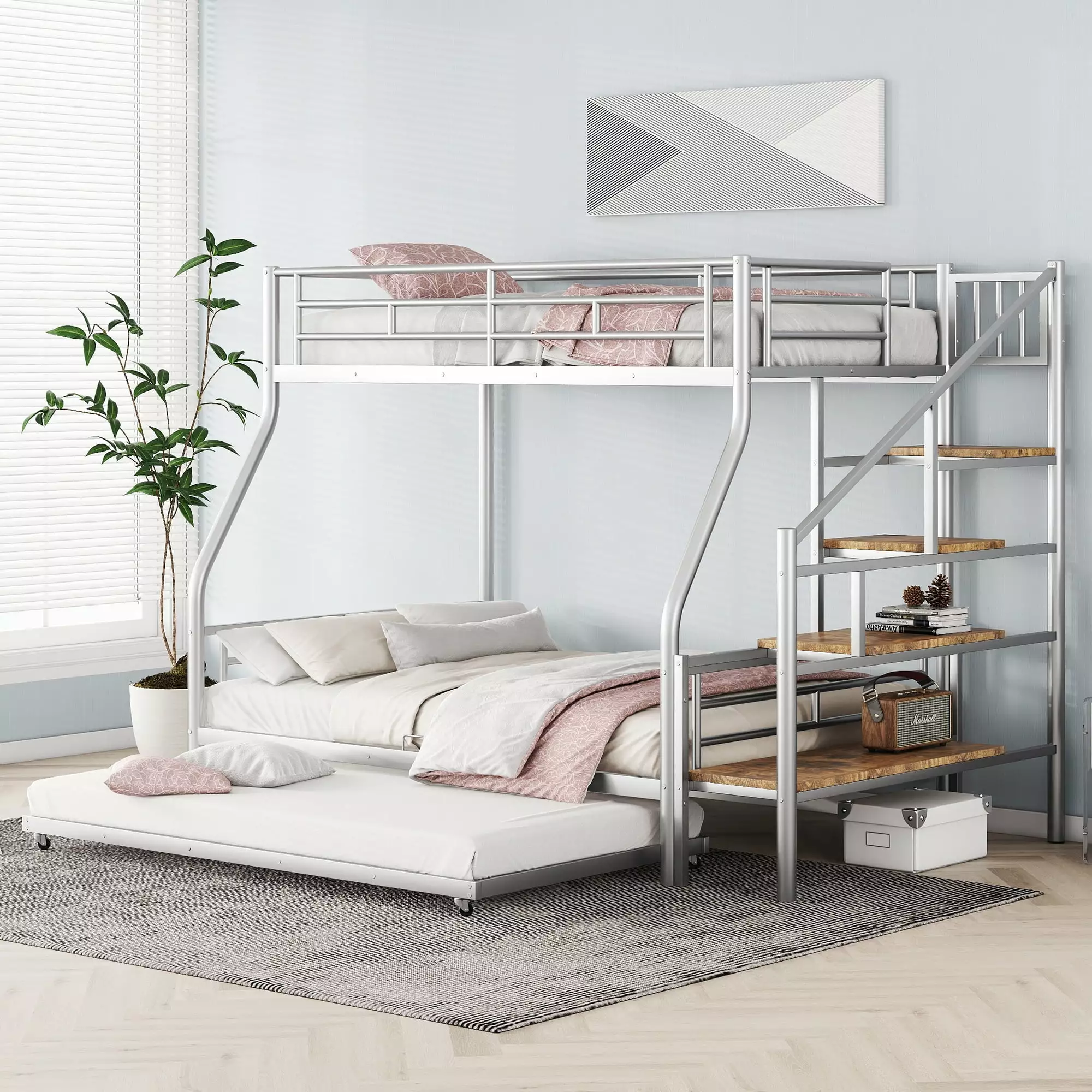 Euroco Metal Twin Over Full Bunk Bed Storage Staircase and Twin Trundle Silver