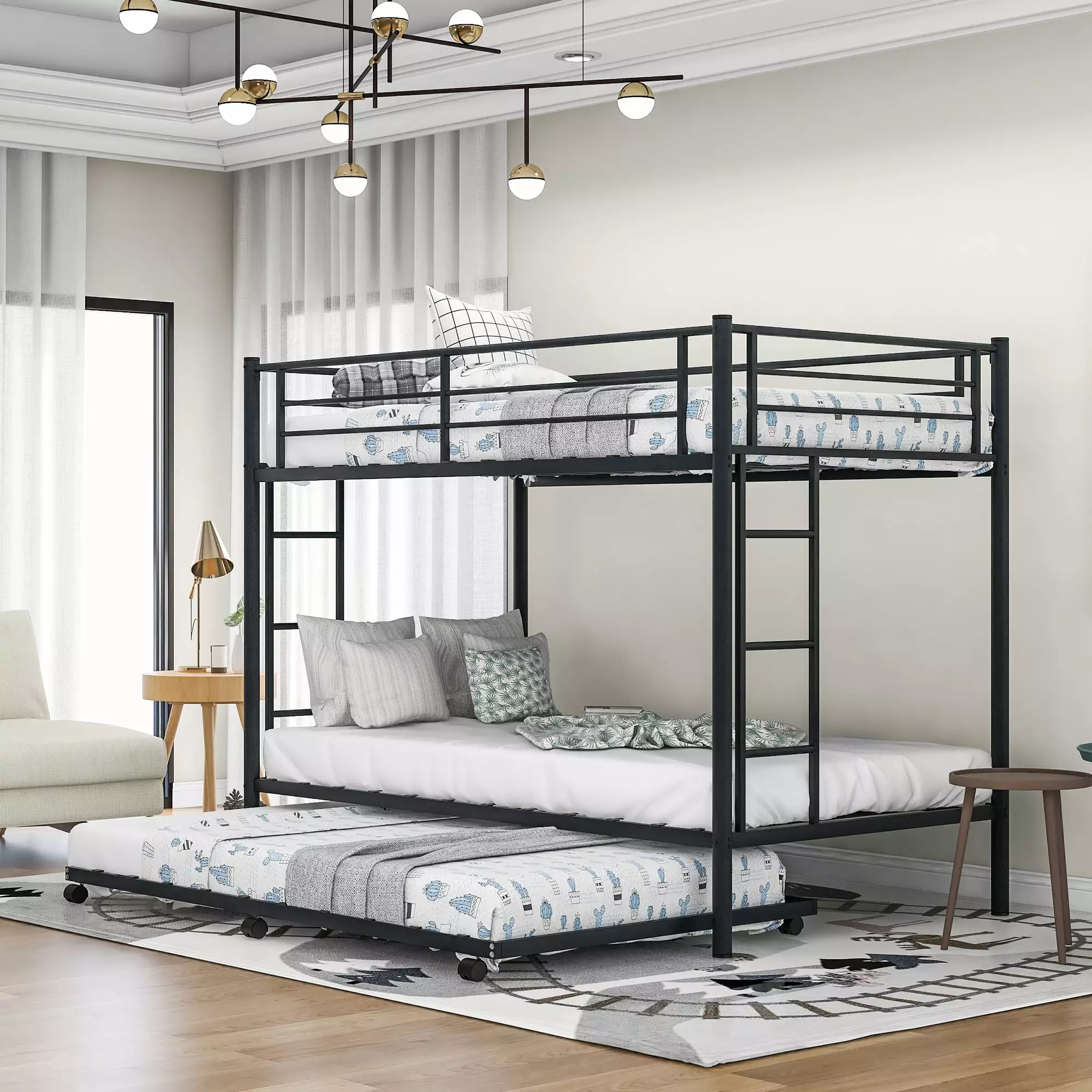 Euroco Metal Twin over Twin Bunk Bed Twin Trundle Kids Room - 3 Beds Solid Ladder and Guardrails - Black