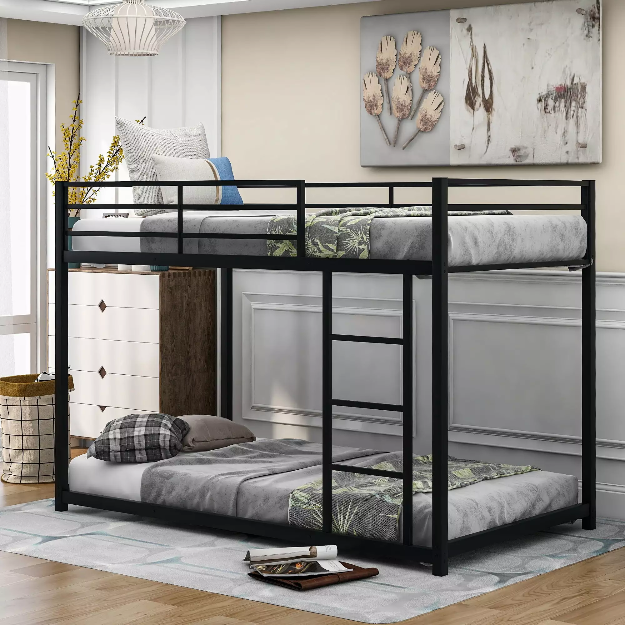EUROCO Metal Twin over Twin Bunk Bed Low Profile Ladder and Full Length Guardrails Kids Teens Adults 350lb Capacity