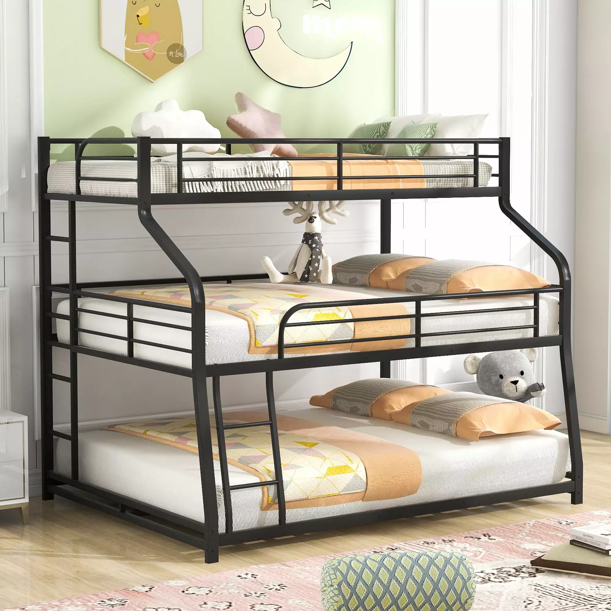 EUROCO Modern Metal Triple Bunk Bed Twin Over Full Over Queen 3 1 Beds More People Black