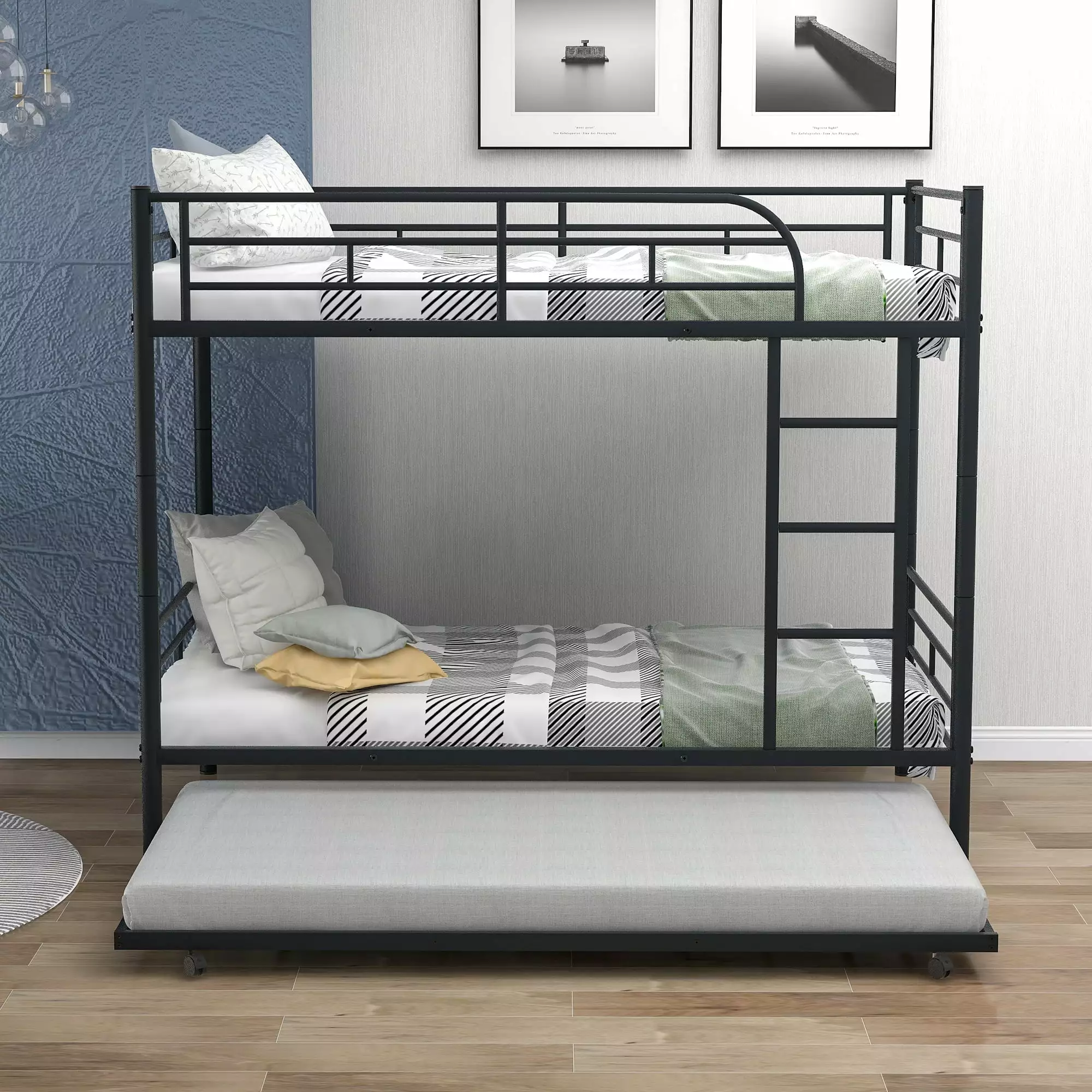 Gewnee Metal Twin over Twin Bunk Bed Trundle Kids Teens Ladder Black