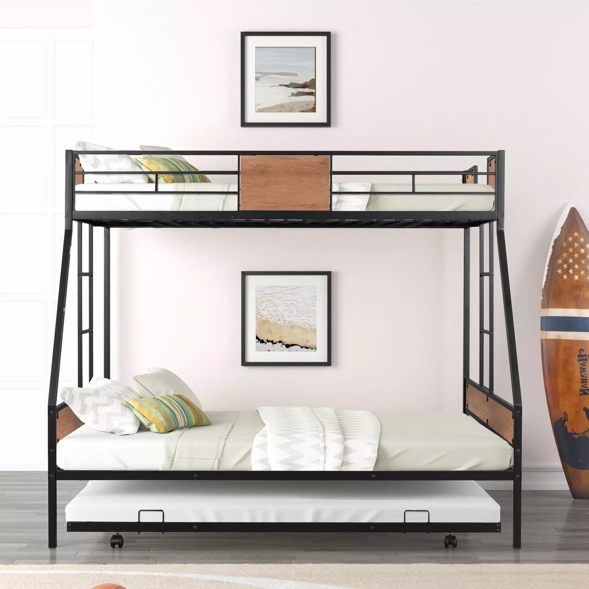 Gewnee Twin Over Full Metal Bunk Bed Trundle and Two Ladders Kids Room Black