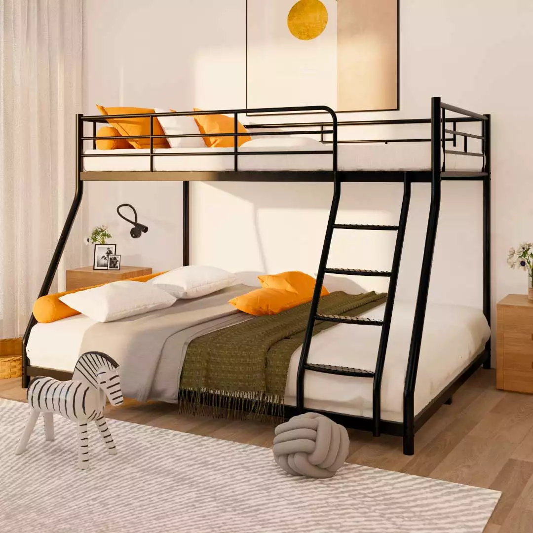 Black Twin over Full Bunk Beds Metal Bunk Beds Frame Full-Length Guardrail Space-Saving No Box Spring Needed Firm Stable E...