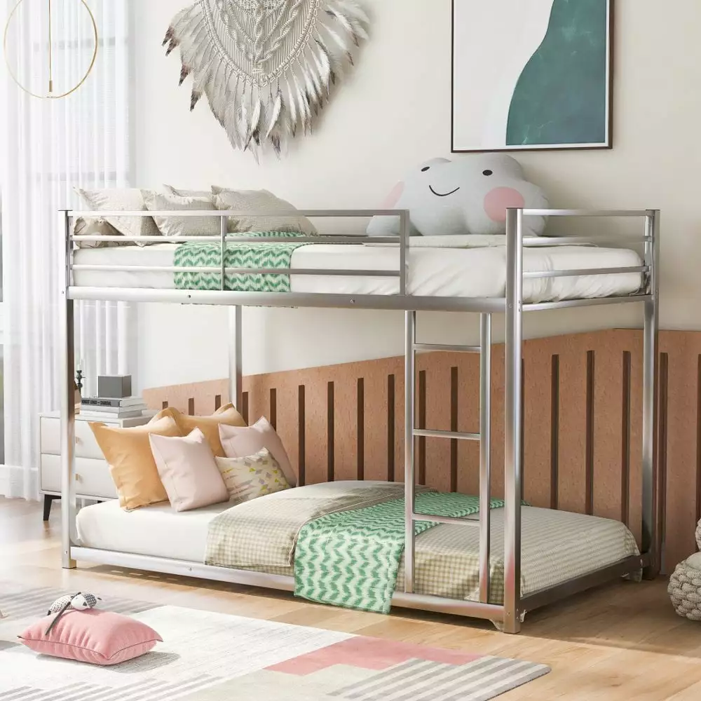 Gzxs Twin over Twin Metal Bunk Bed Ladder Silver