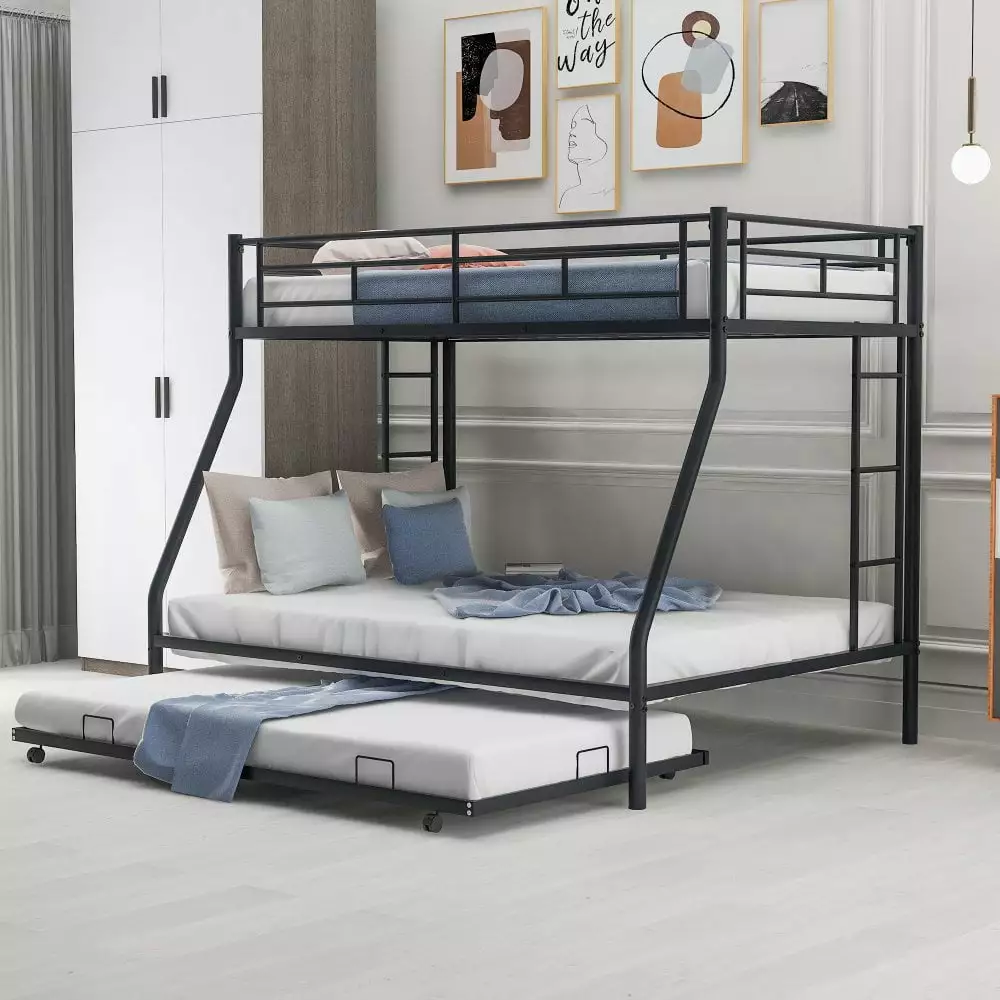 Twin over Full Bunk Bed Steel Frame Twin Trundle Two Side Ladders Black Space Saving Bunk Bed Hassch