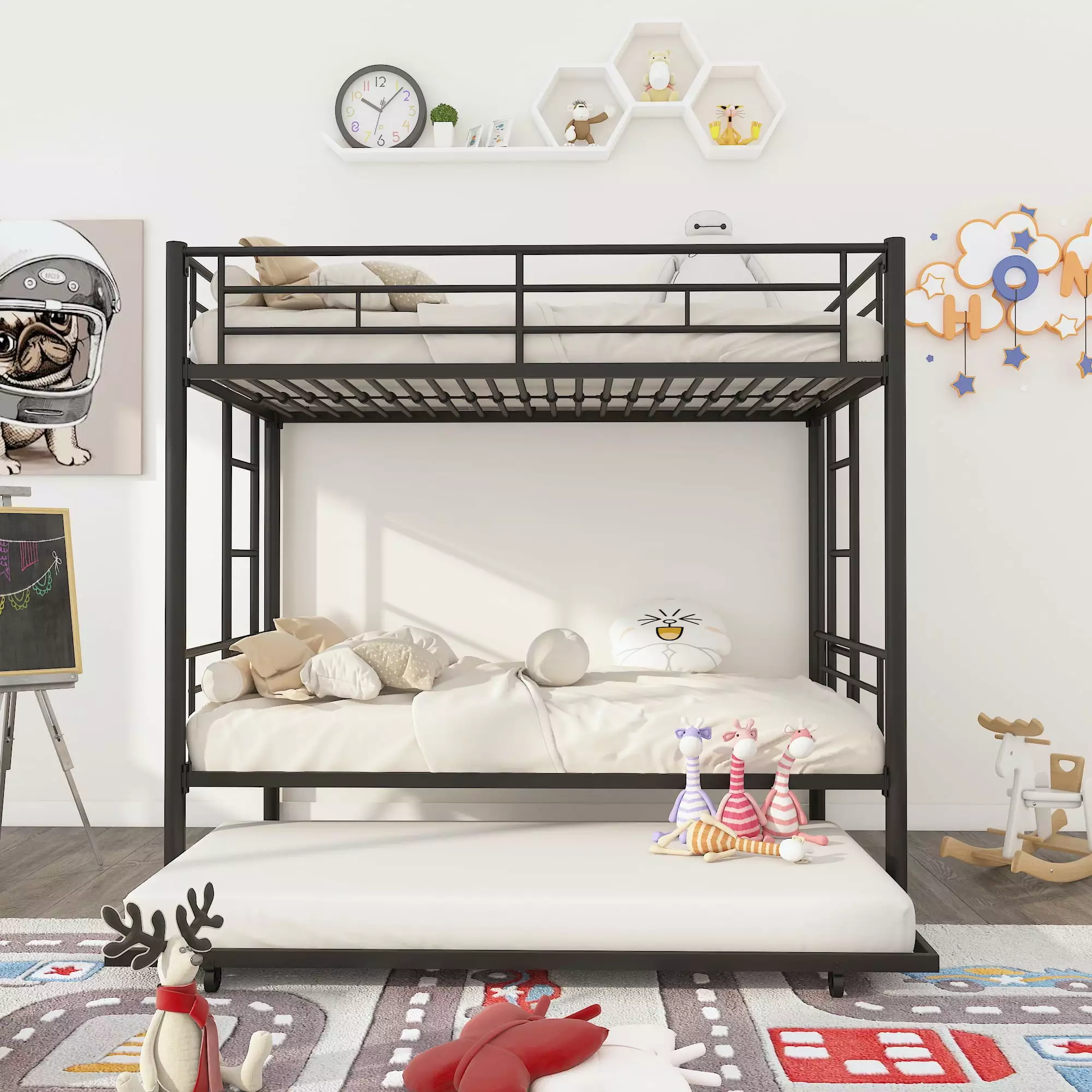 Twin Over Twin Bunk Bed Trundle Metal Twin Bed Protectty Guard Rail and Ladders Boys Girls Kids Young Teens Adults HOUSTAR