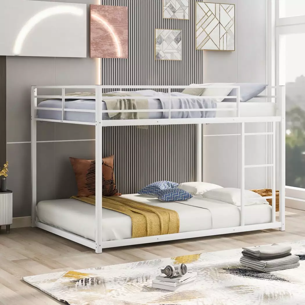 Twin Over Twin Bunk Bed - Low Height Metal Bunk Bed Frame Ladders and Guardrails Kids Teens Adults - White JAMPOOCA