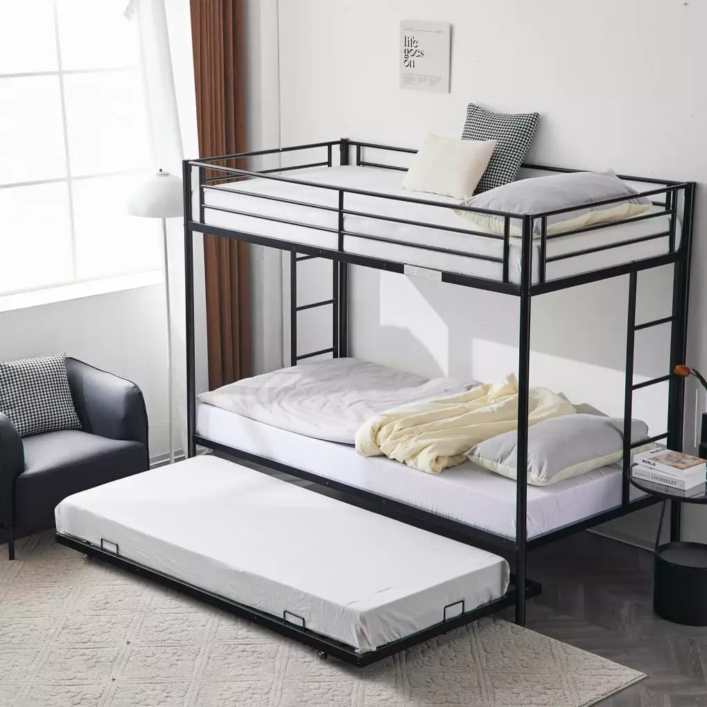 Twin Over Twin Bunk Bed Trundle Triple Bunk Beds 2 Side Ladders Protectty Guardrail Metal Bunk Bed Frame Kids Teens Adults...
