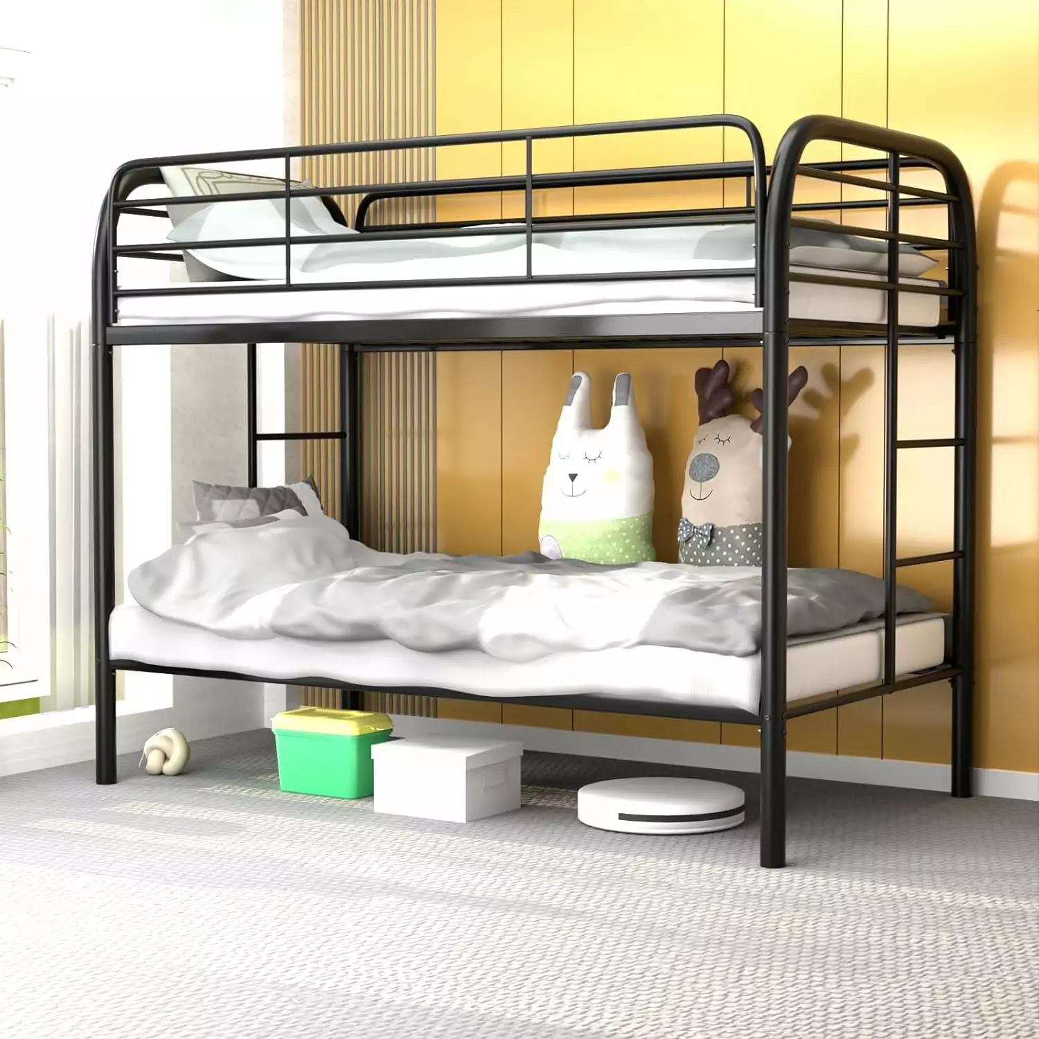 JAORD Metal Bunk Bed Twin Over Twin Ladders Guard Rail Space-Saving Noise-Free Black