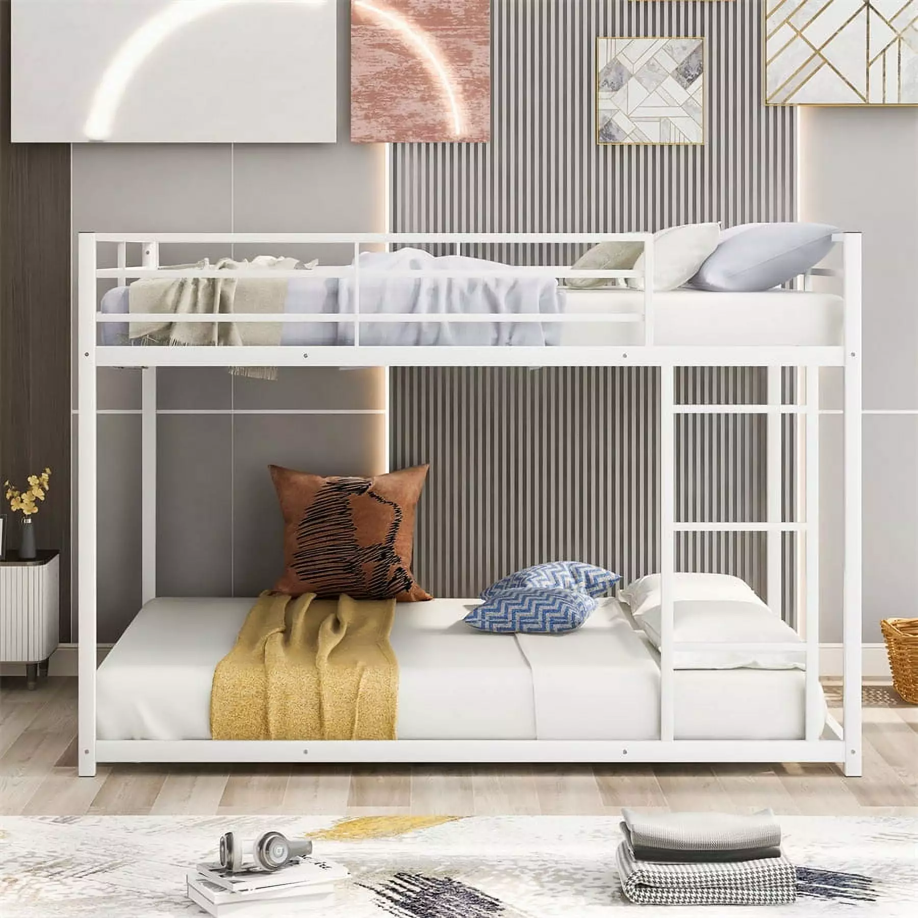 Full Bunk Bed Full-length Guardrail - Metal Bunk Bed Frame Kids and Adults - Ladder Included - Dormitory or Hotel Use JINS...