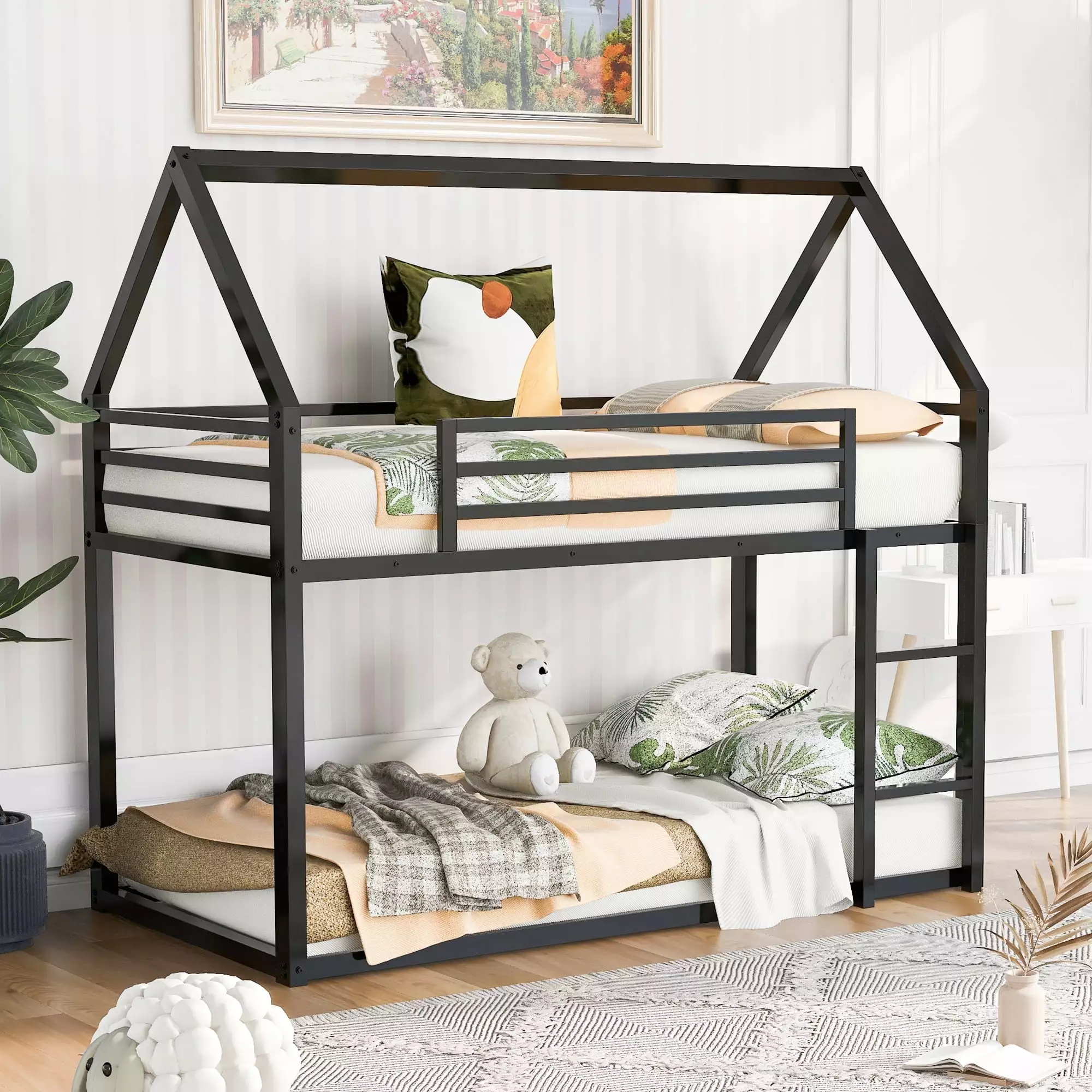 Jump Into Fun Bunk Bed Twin over Twin Metal Bunk Bed Kids Adults Houtilize Low Bunk Bed Roof Ladder and Protectty Guardrai...