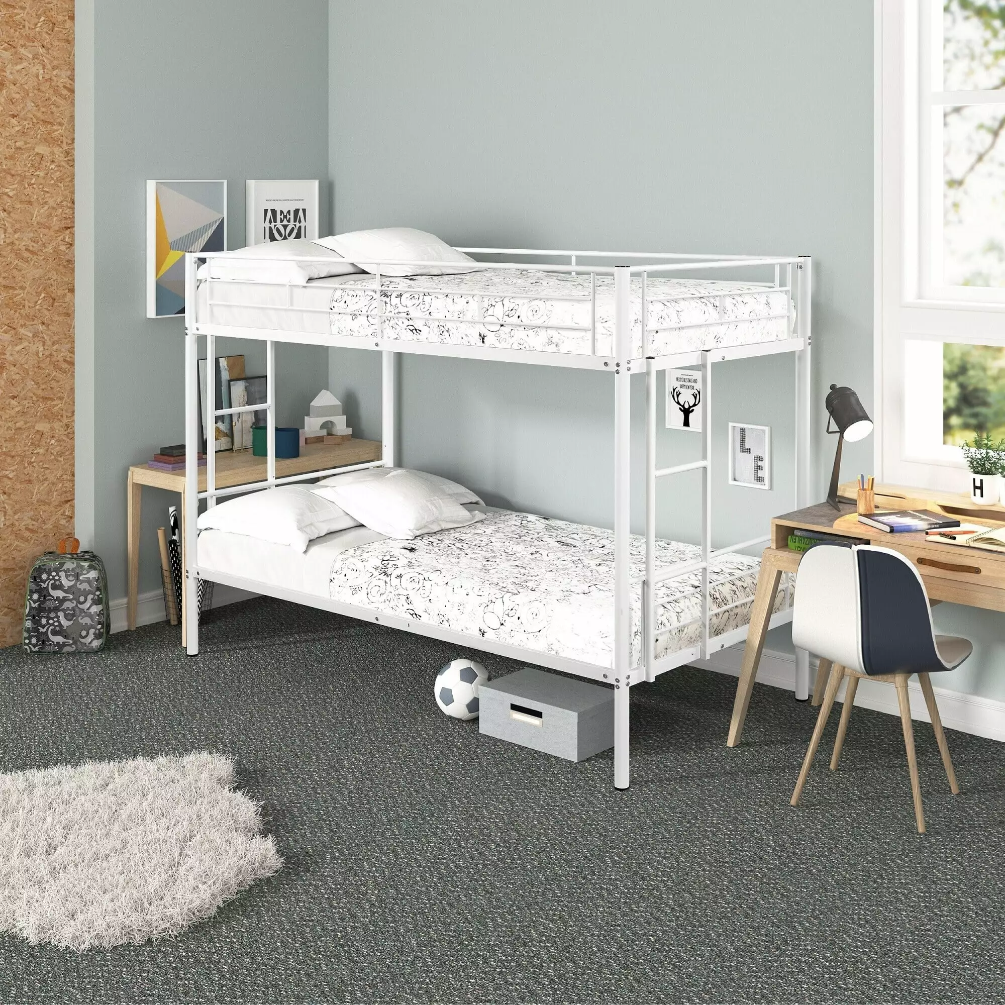 KOFUN Twin Over Twin Metal Bunk Bed 2 Side Ladders Full Guardrails White