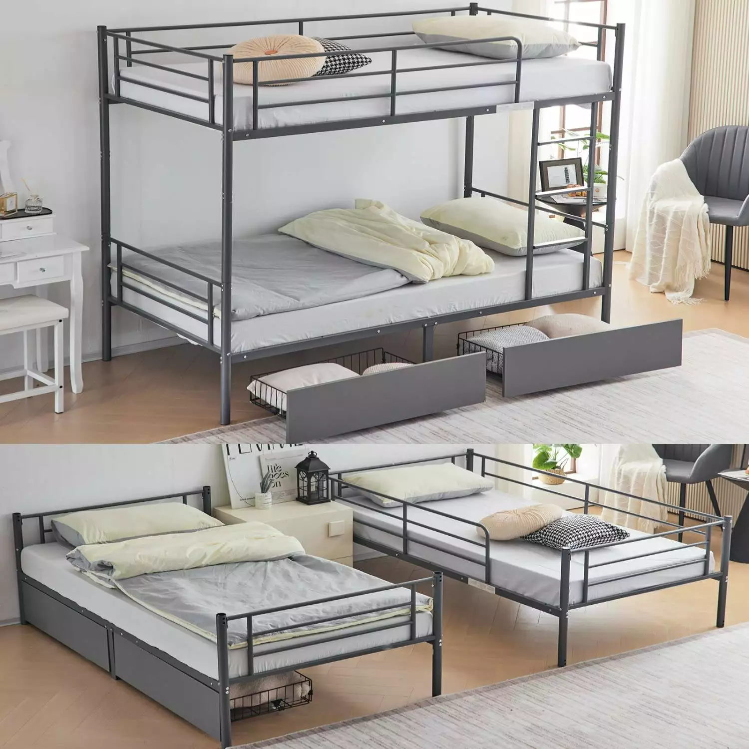 Ktaxon Metal Twin over Twin Bunk Bed 2 Drawers and 2 Ladders Bedroom Gray