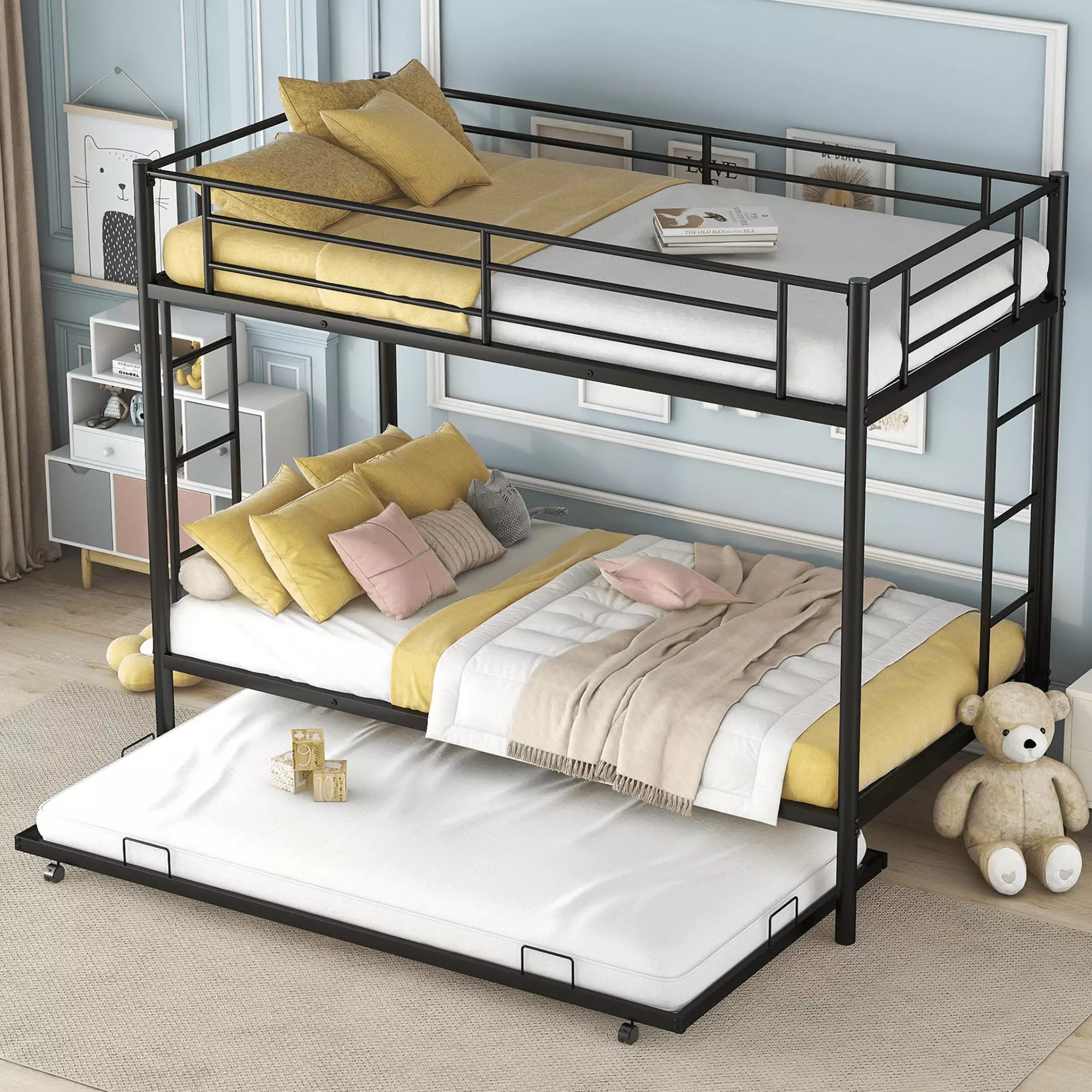 Kumix Twin Over Twin Metal Bunk Bed Trundle 3 Kids 850lbs Capacity Black