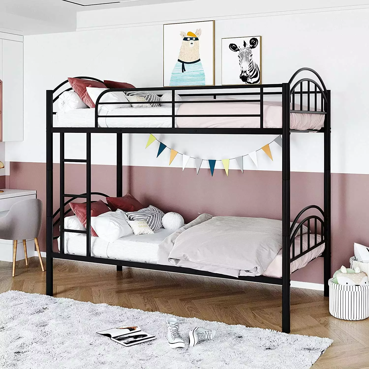 Metal Twin Size Bunk Beds Frame Stairs Guardrail Space-Saving No Box Spring Needed Noise Free Kids Teens Adults LXingStore