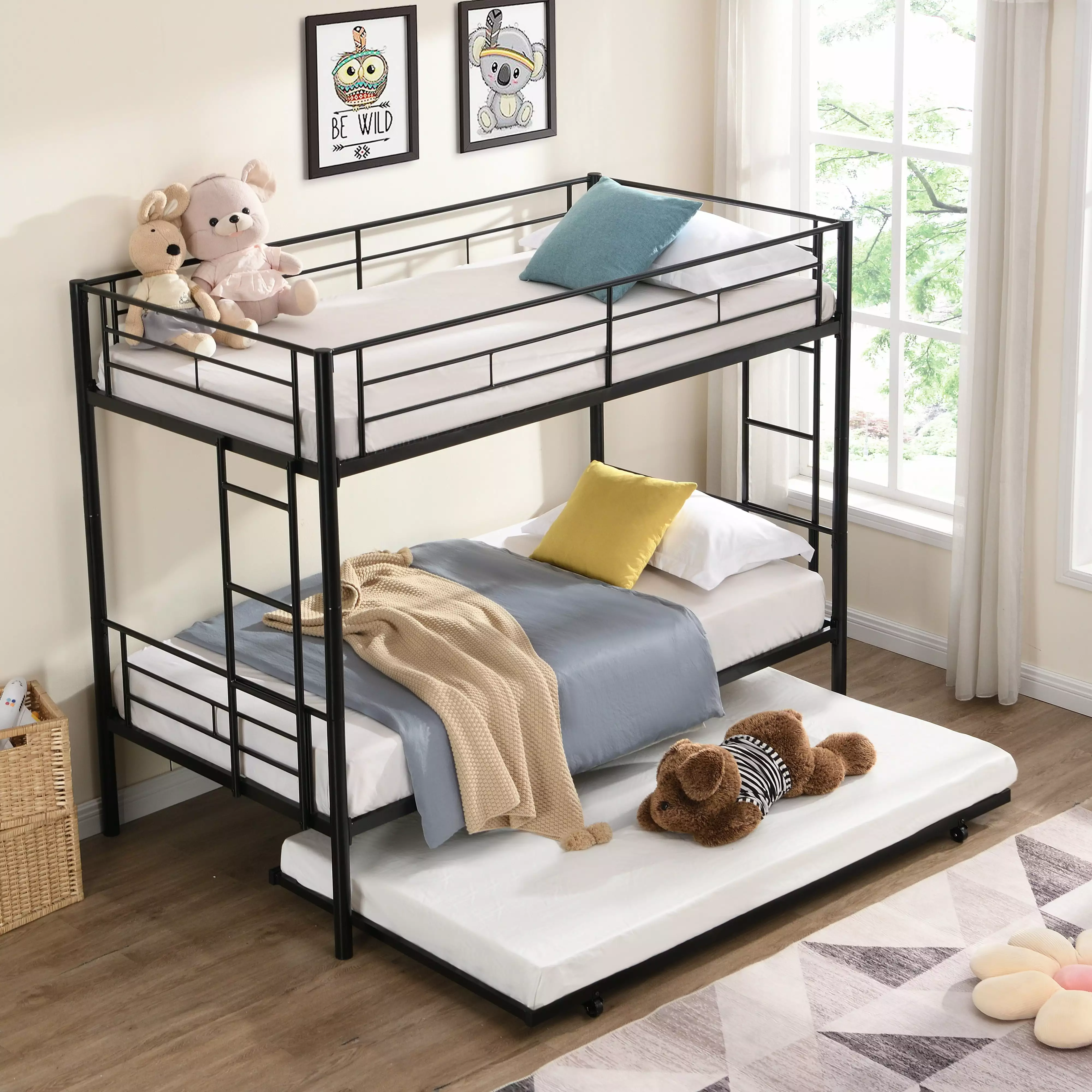 Muumblus Twin Over Twin Bunk Bed Trundle - Metal Bed Frame Guard Rail and Ladders Black