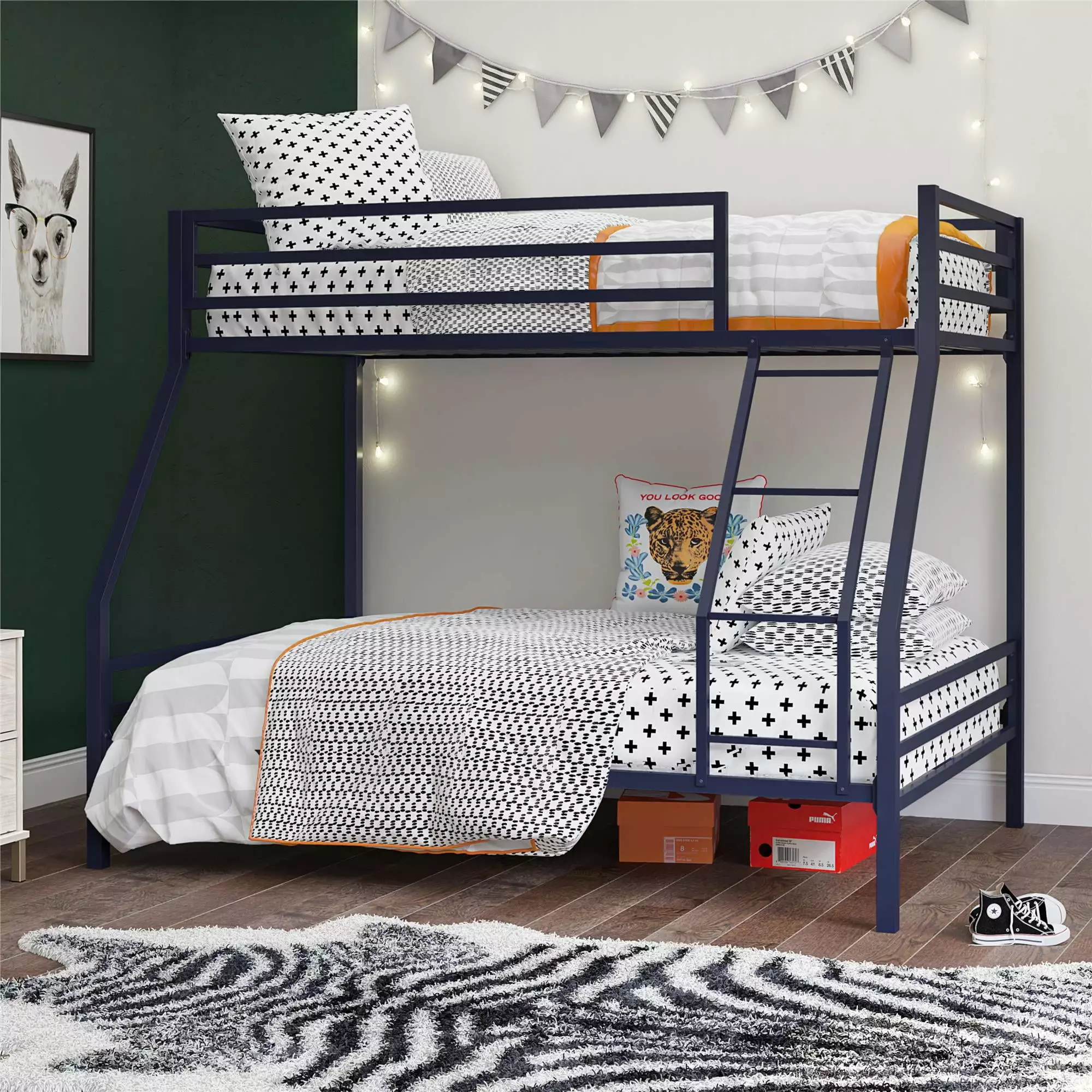 Novogratz Maxwell Twin-Over-Full Metal Bunk Bed Ladder and Guardrails Navy Blue
