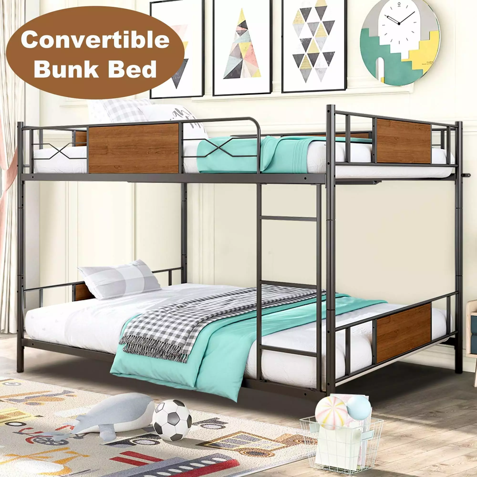 Paproos Industrial Metal Bunk Beds Full Over Full Low Bunk Bed Kids Teens Convertible to 2 Beds No Box Spring Needed 400lb...
